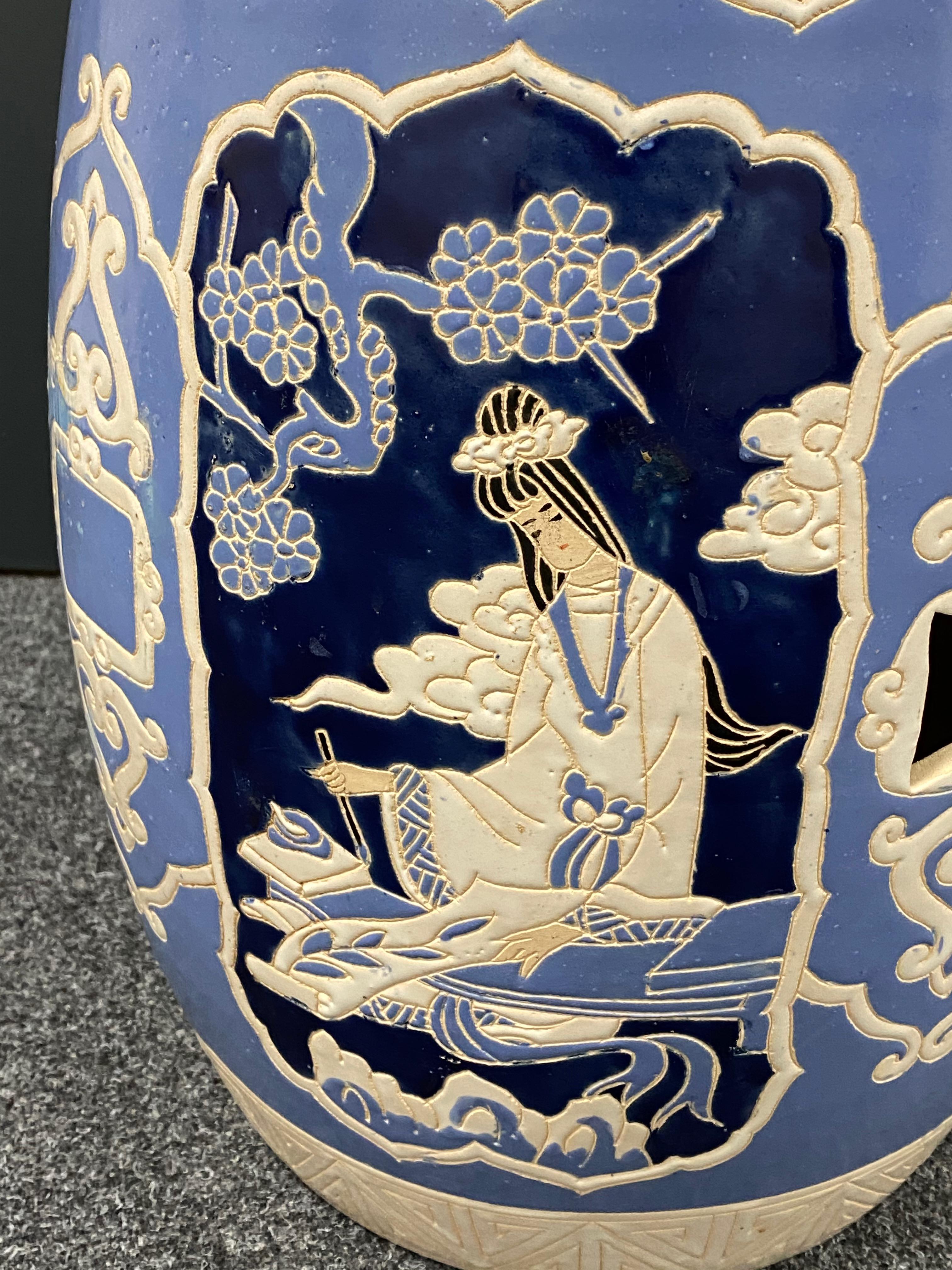 Hollywood Regency Mid-20th Century Chinoiserie Blue and White Garden Stool Flower Pot Seat