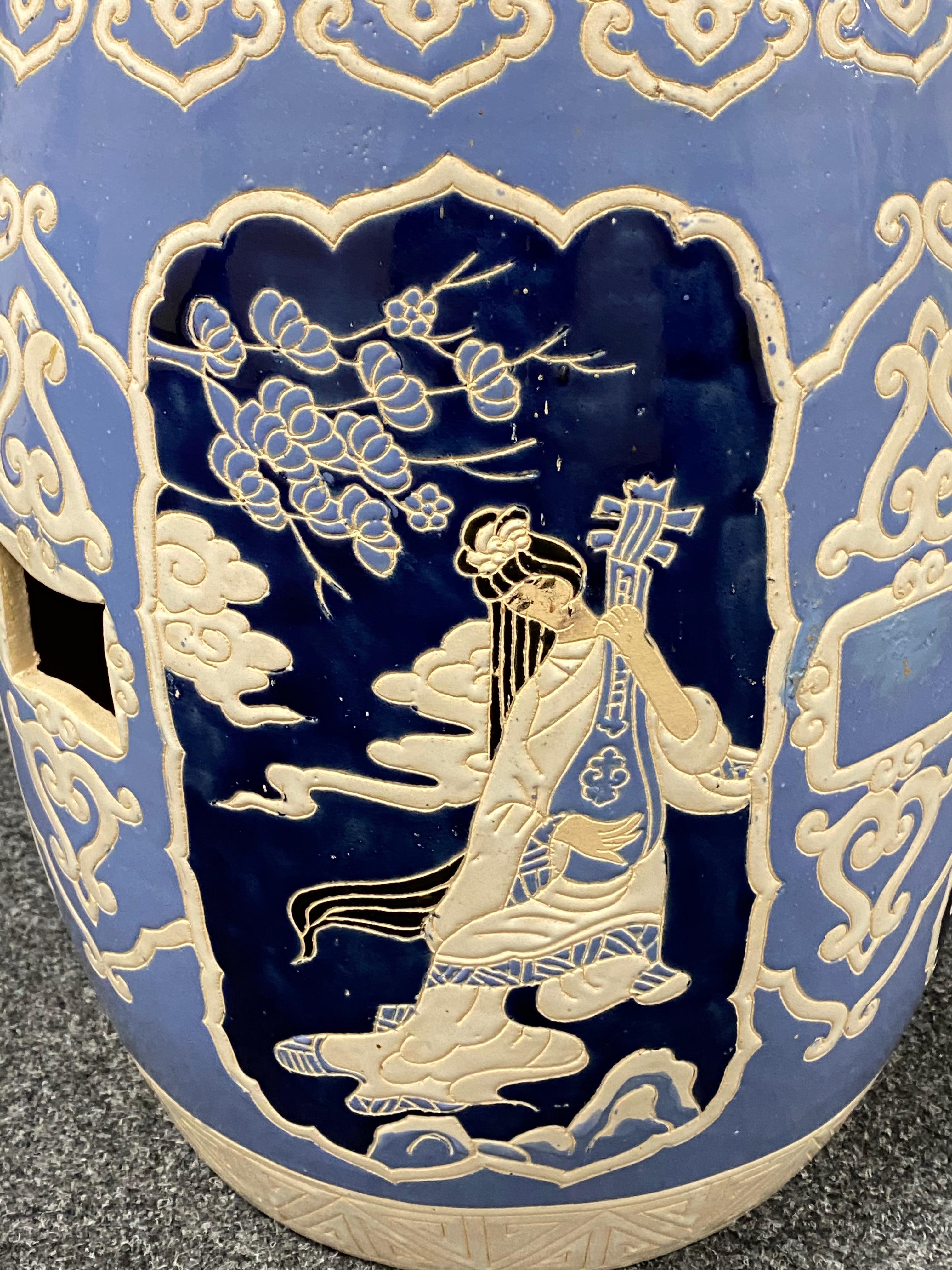 Chinese Mid-20th Century Chinoiserie Blue and White Garden Stool Flower Pot Seat