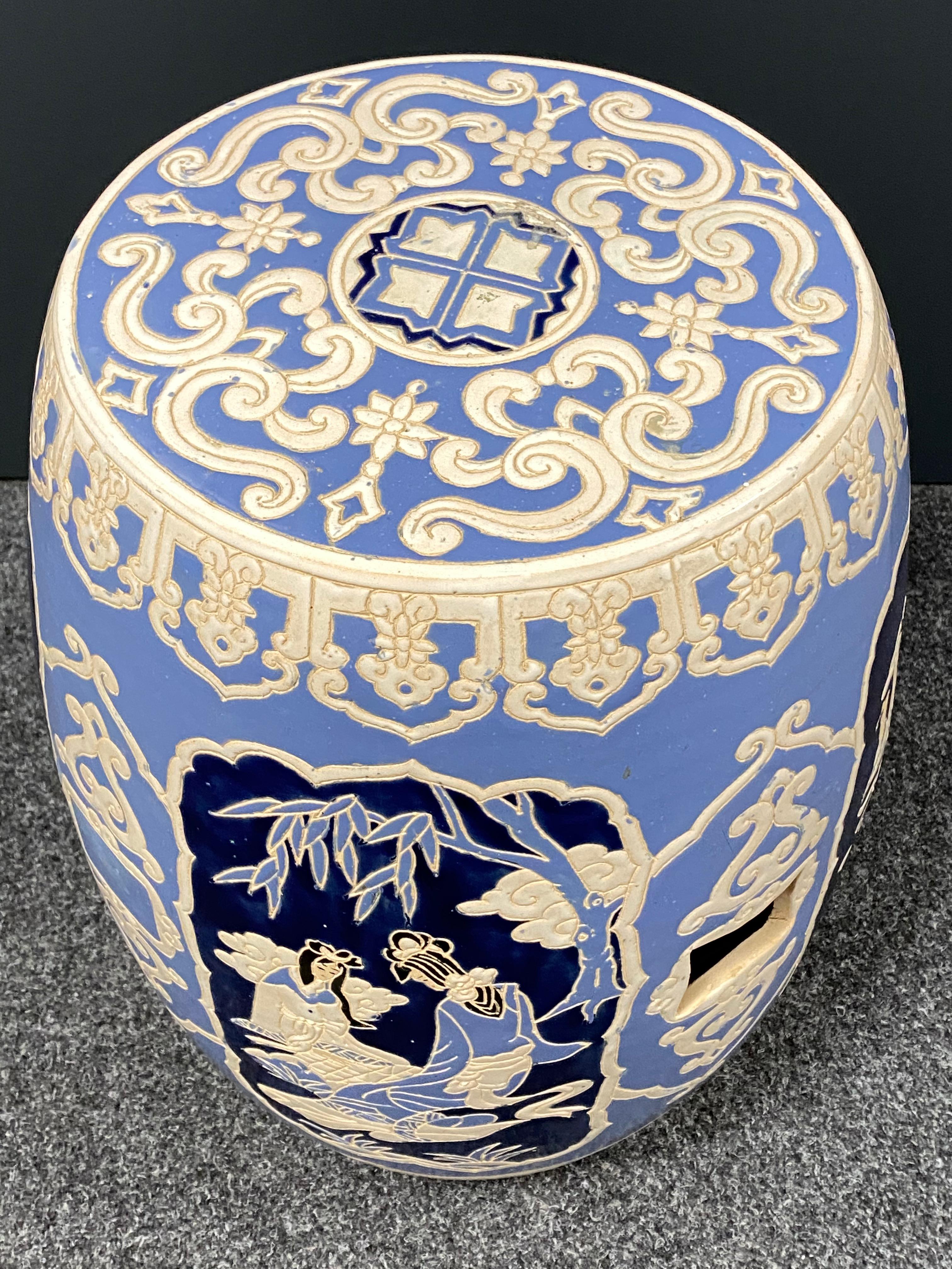 Ceramic Mid-20th Century Chinoiserie Blue and White Garden Stool Flower Pot Seat
