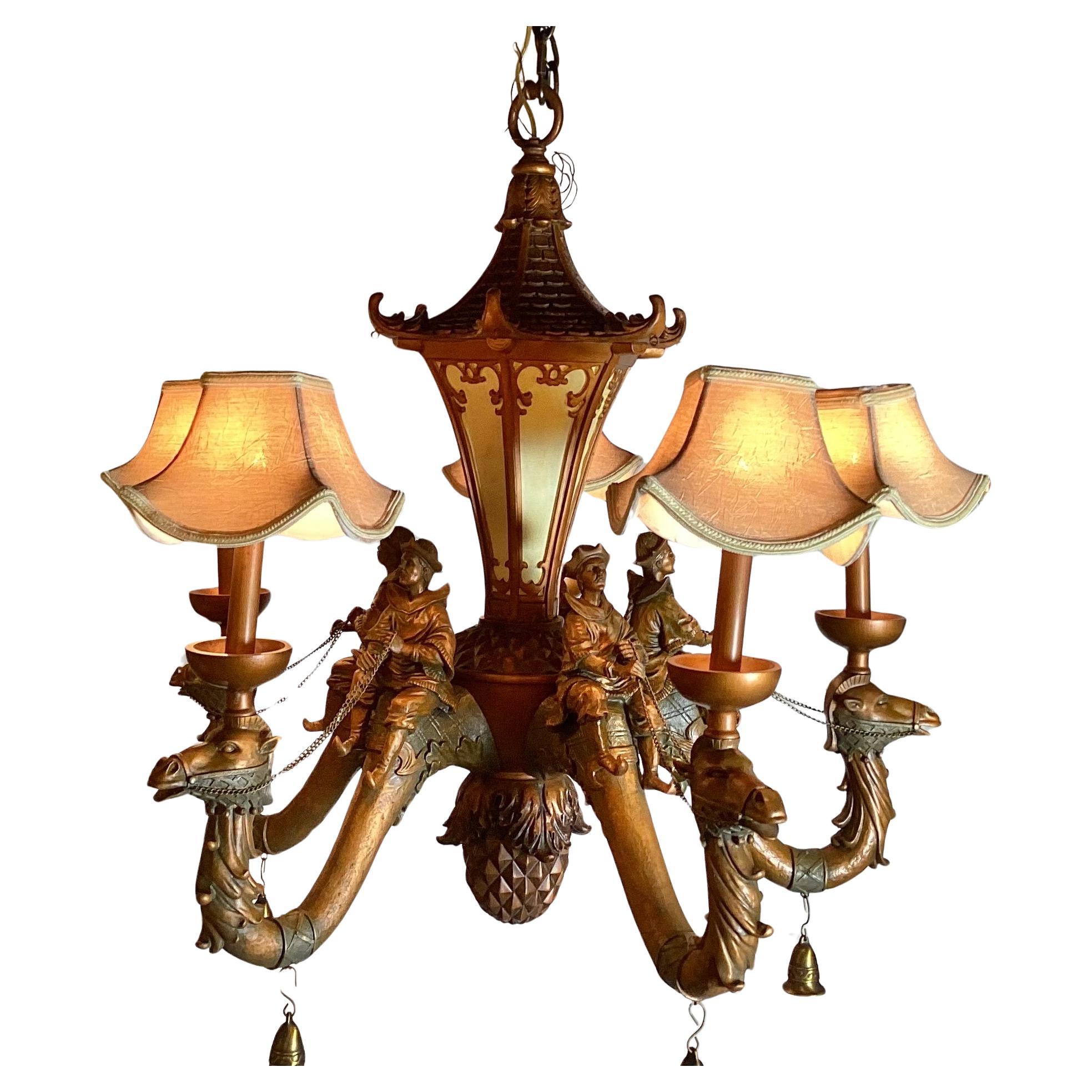 Mid-20th Century Chinoiserie Chandelier W/ Figures Riding Camels & Pagoda Shades For Sale