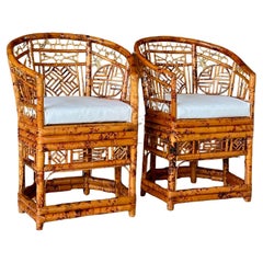 Vintage Mid-20th Century Chinoiserie Chippendale Tortoise Bamboo Side Chair-Pair