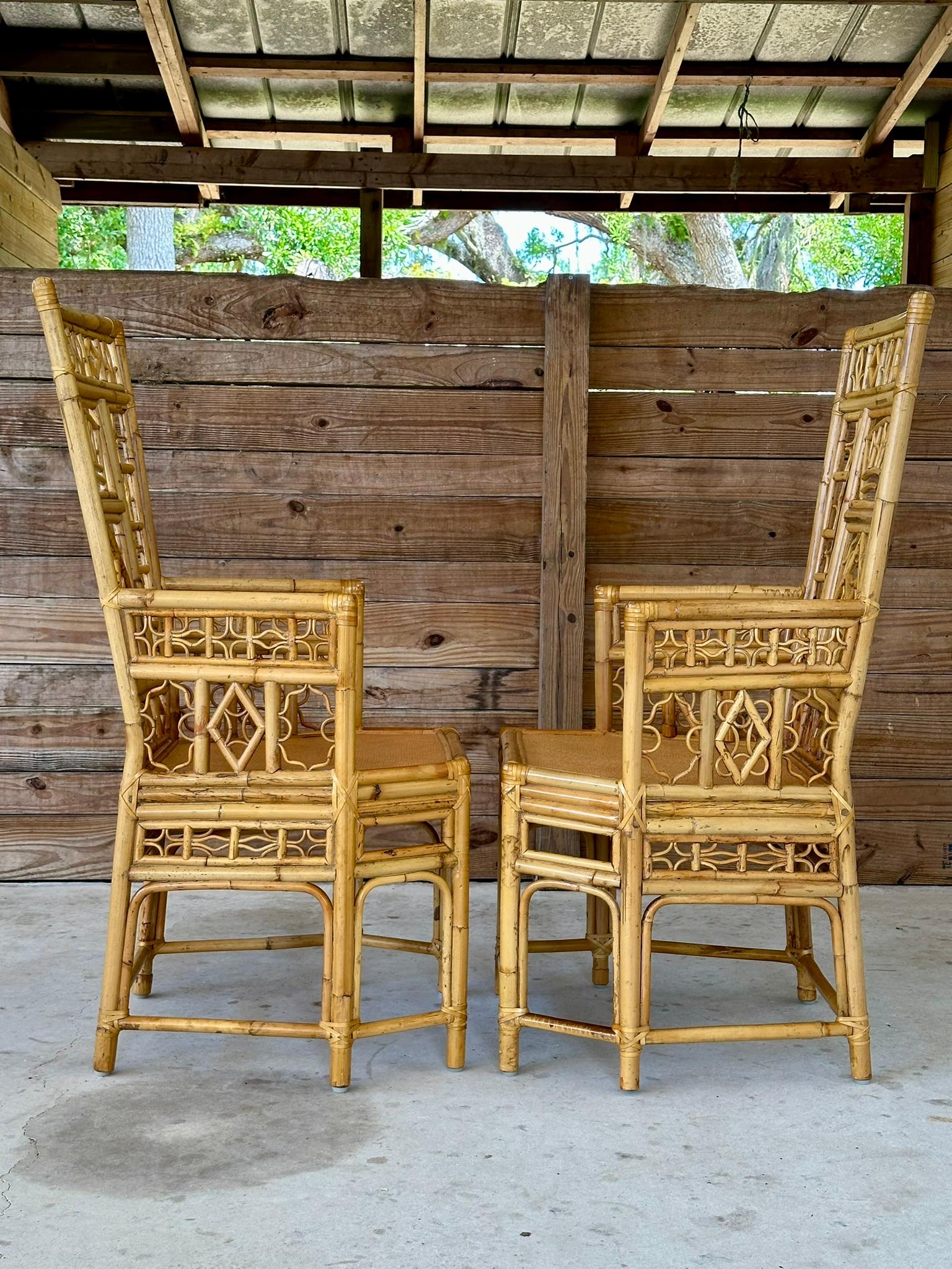 Mid-20th Century Chinoiserie Coastal Rattan Fretwork Throne Arm Side Chairs-Pair 3
