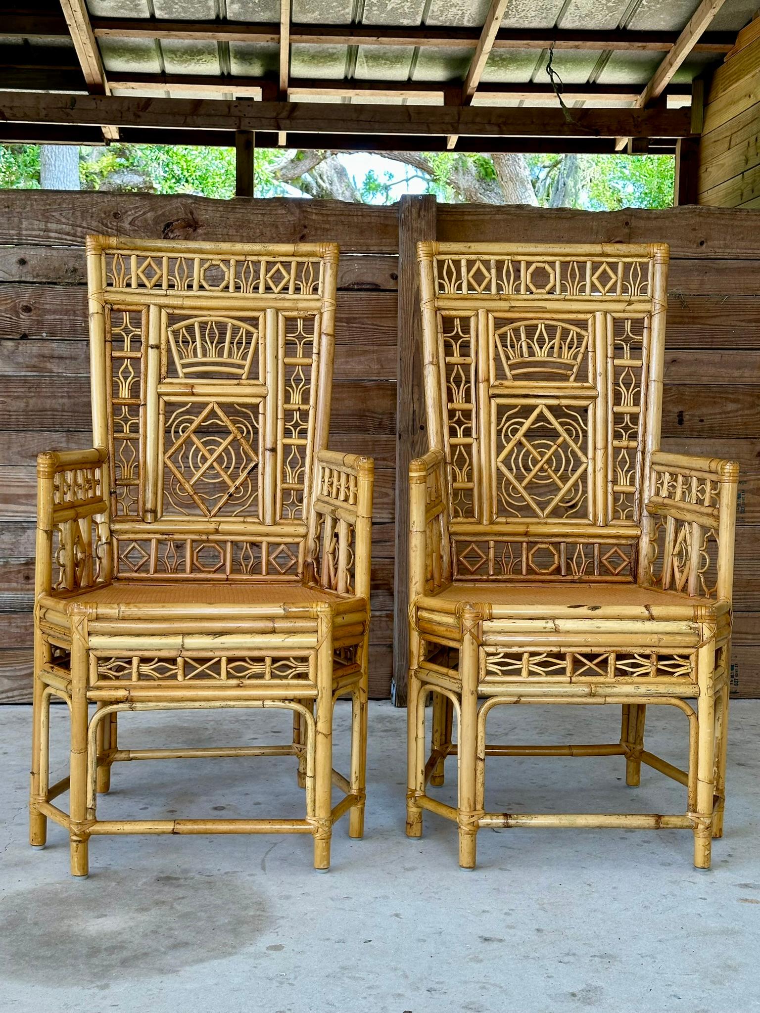 Mid-20th Century Chinoiserie Coastal Rattan Fretwork Throne Arm Side Chairs-Pair 4