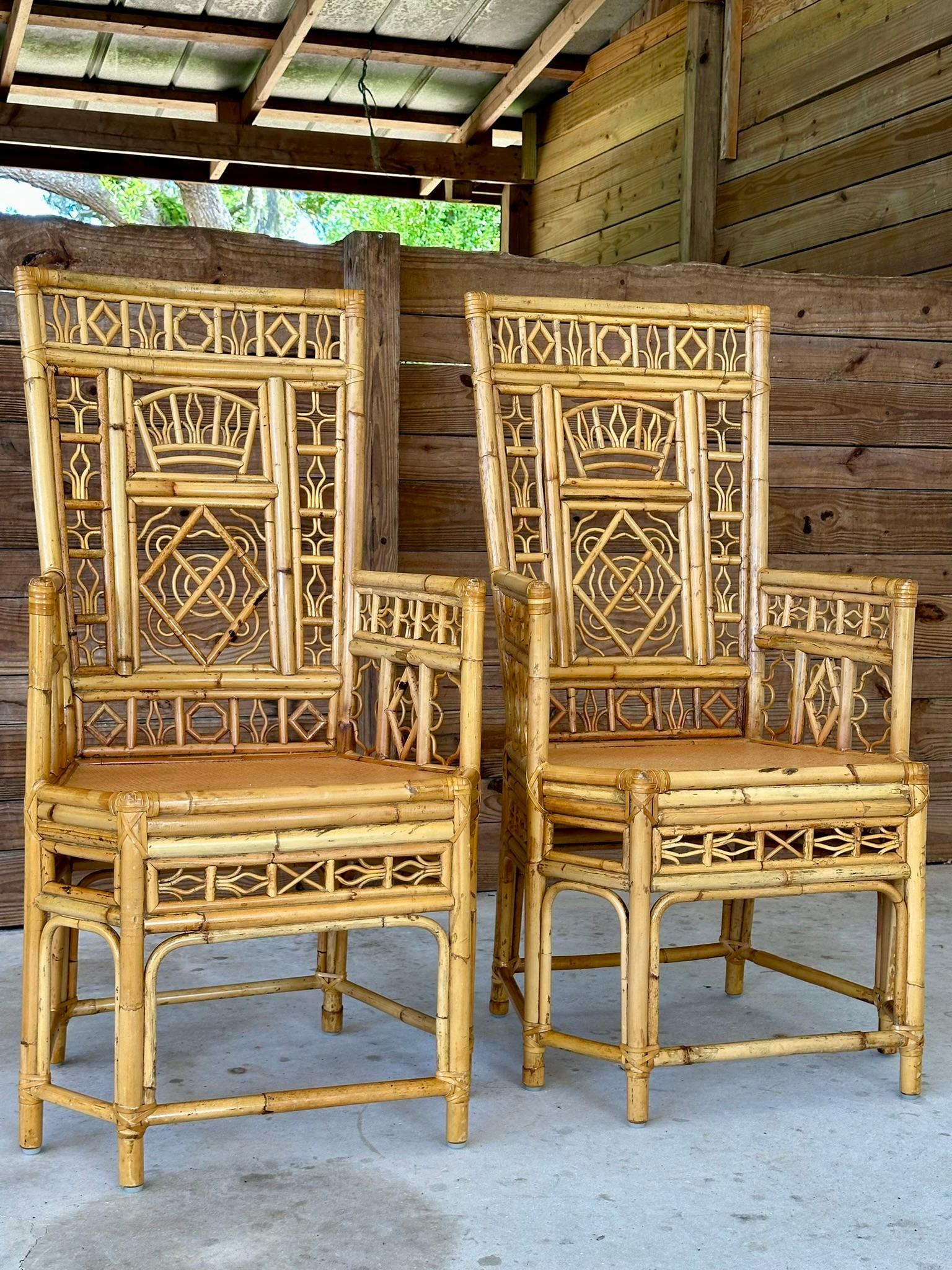 Mid-20th Century Chinoiserie Coastal Rattan Fretwork Throne Arm Side Chairs-Pair 5