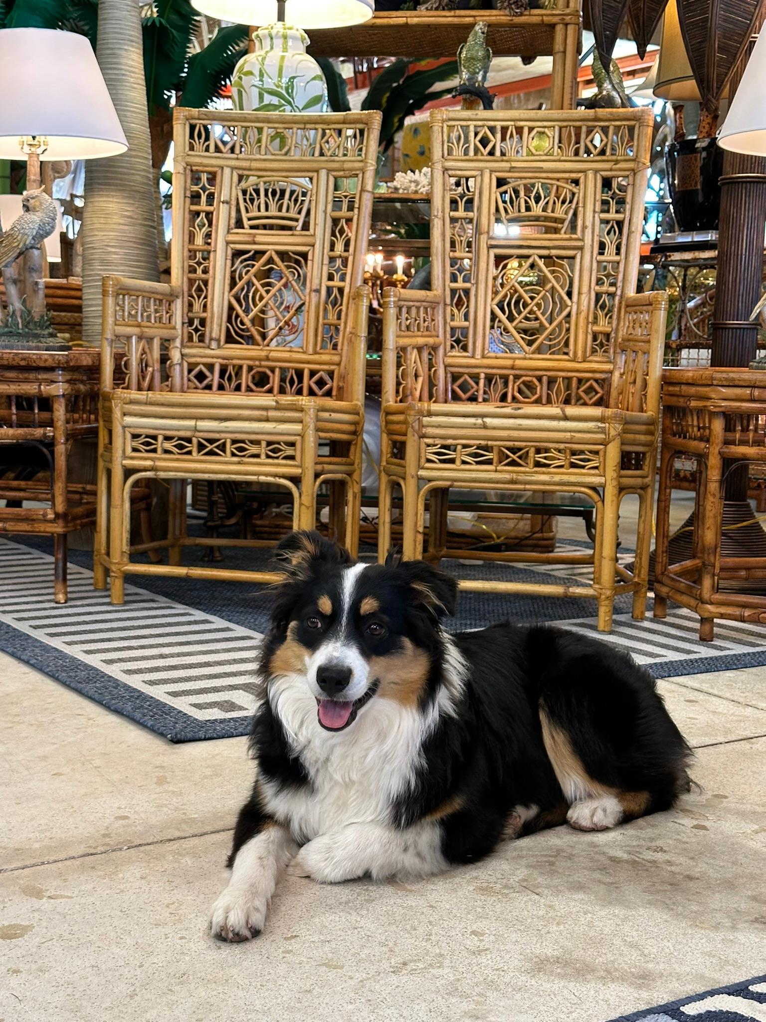 Mid-20th Century Chinoiserie Coastal Rattan Fretwork Throne Arm Side Chairs-Pair 6