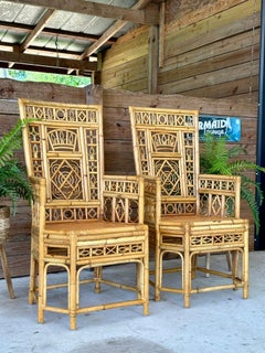 Mid-20th Century Chinoiserie Coastal Rattan Fretwork Throne Arm Side Chairs-Pair