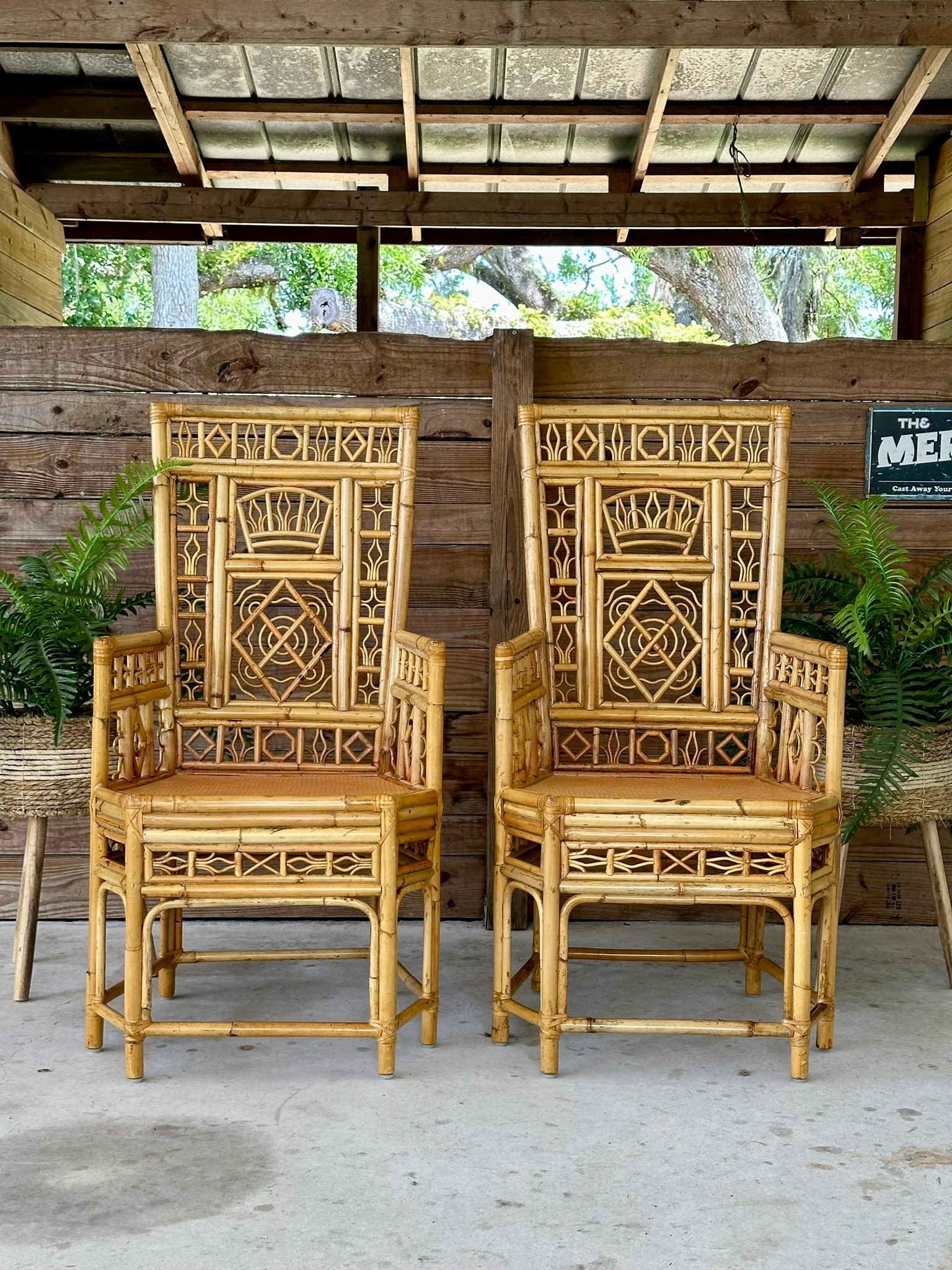 Regency Mid-20th Century Chinoiserie Coastal Rattan Fretwork Throne Arm Side Chairs-Pair