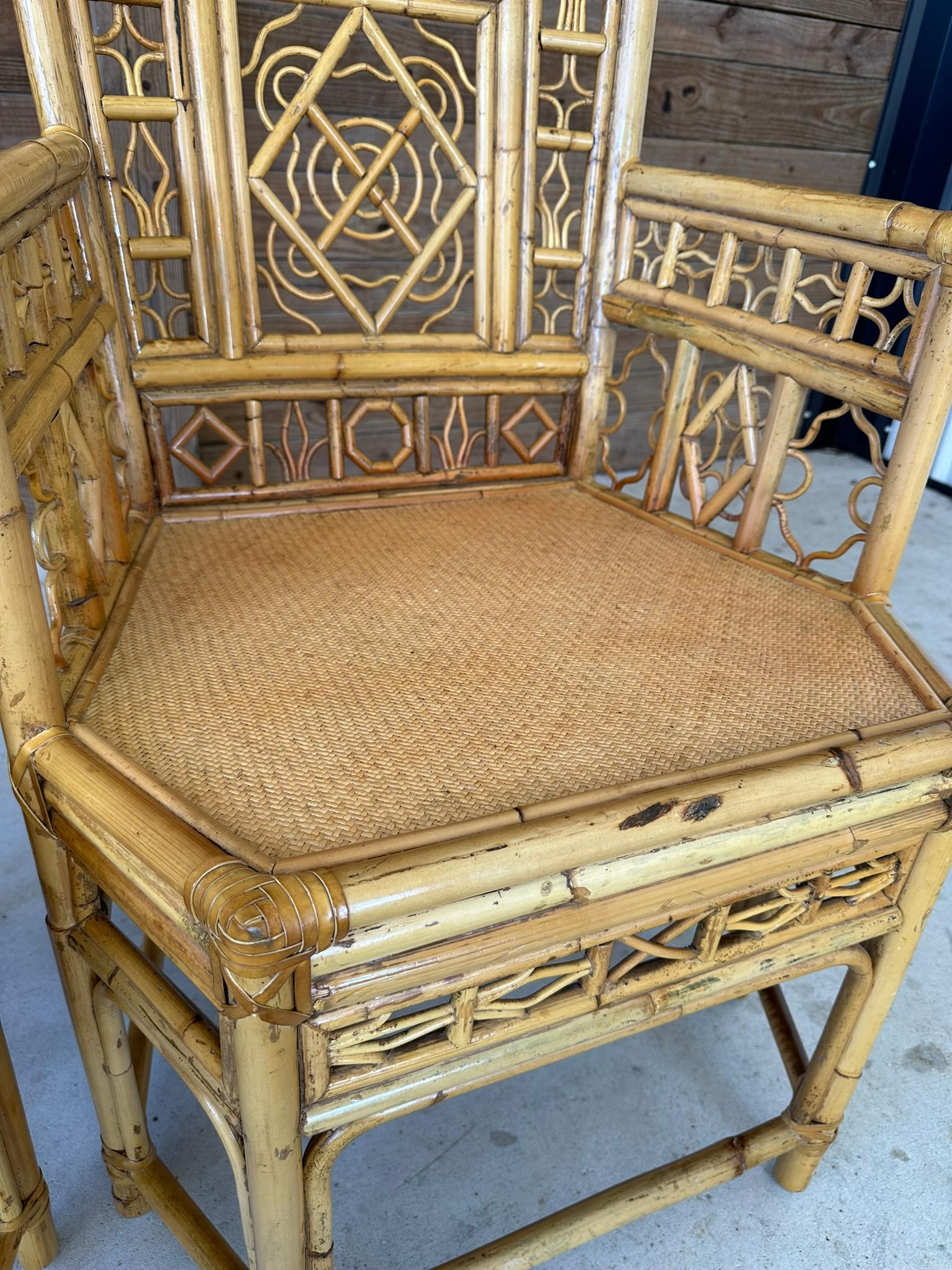 American Mid-20th Century Chinoiserie Coastal Rattan Fretwork Throne Arm Side Chairs-Pair