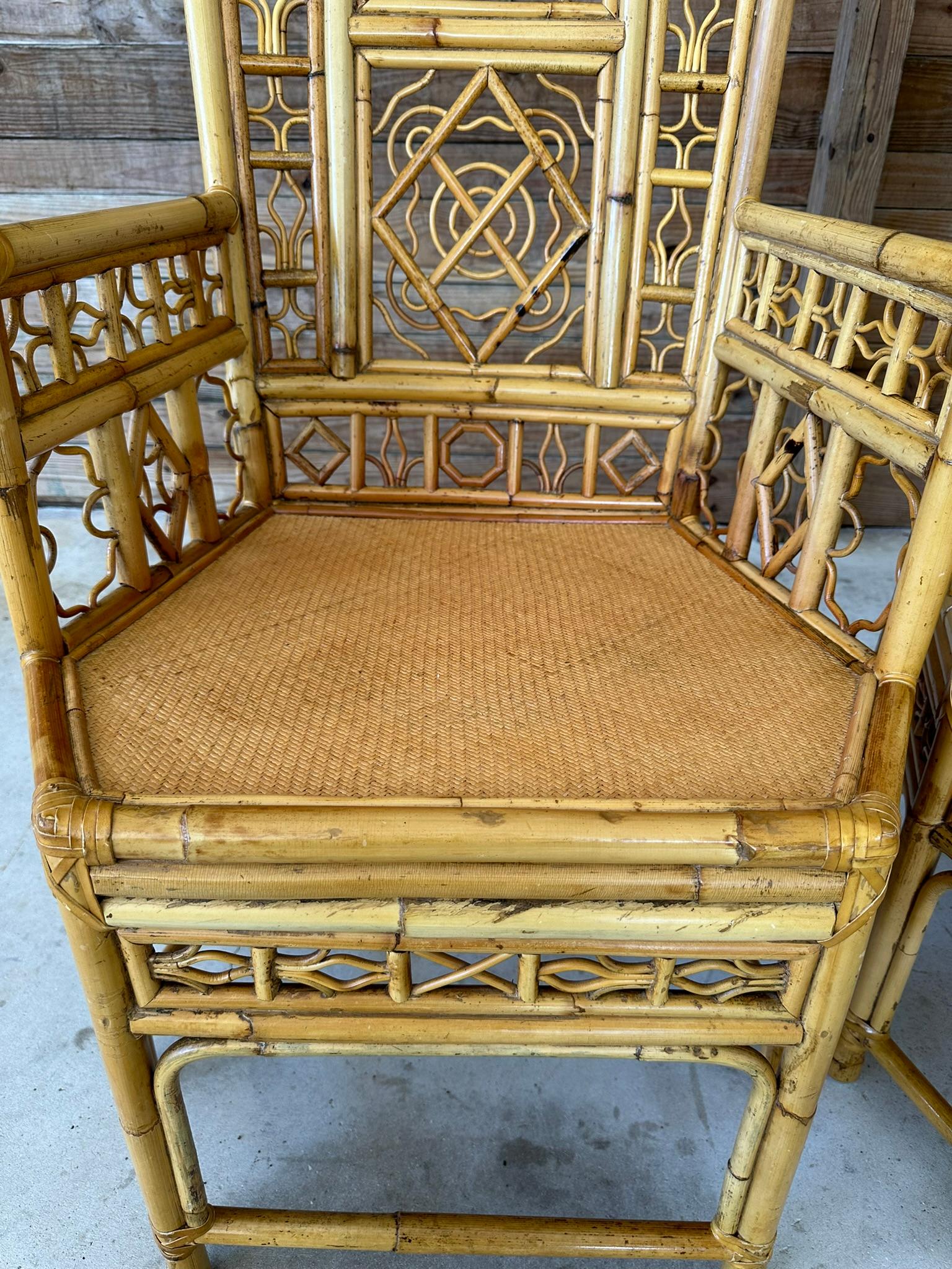 Hand-Crafted Mid-20th Century Chinoiserie Coastal Rattan Fretwork Throne Arm Side Chairs-Pair