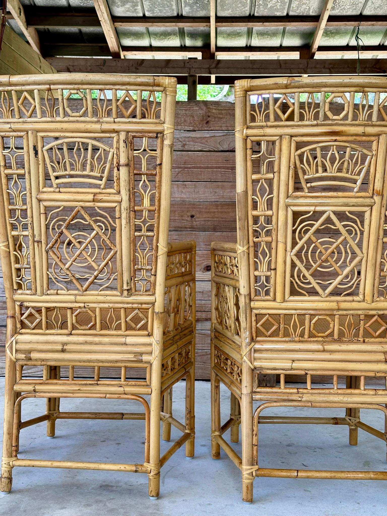Mid-20th Century Chinoiserie Coastal Rattan Fretwork Throne Arm Side Chairs-Pair In Good Condition In North Fort Myers, FL