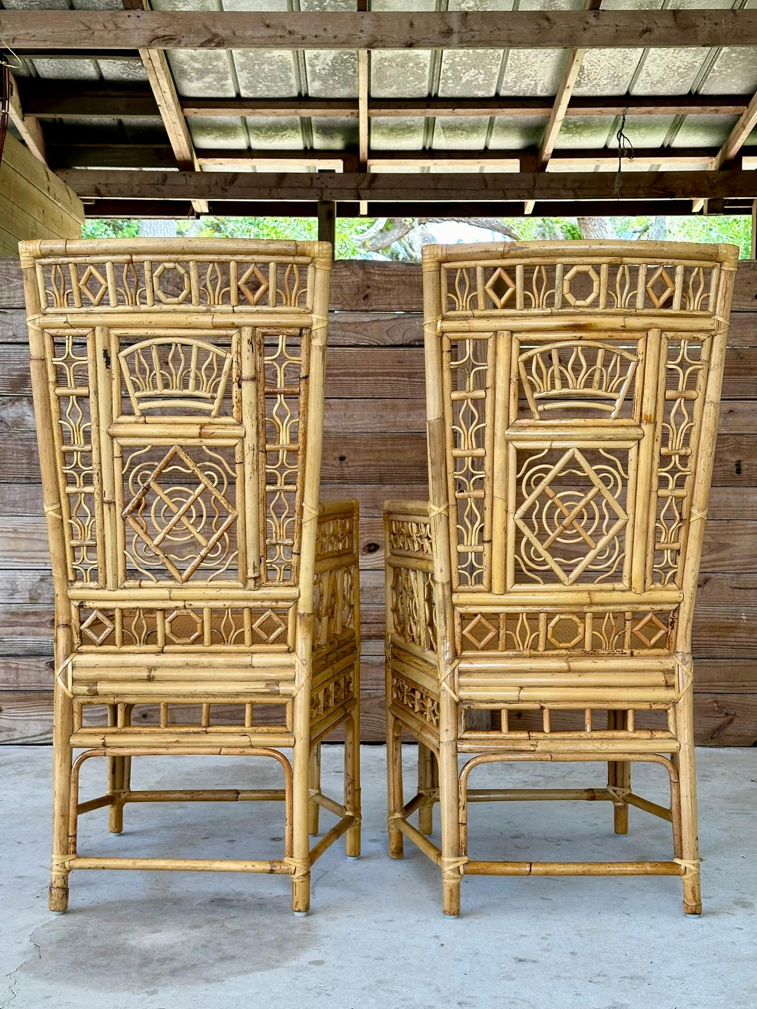 Mid-20th Century Chinoiserie Coastal Rattan Fretwork Throne Arm Side Chairs-Pair 1