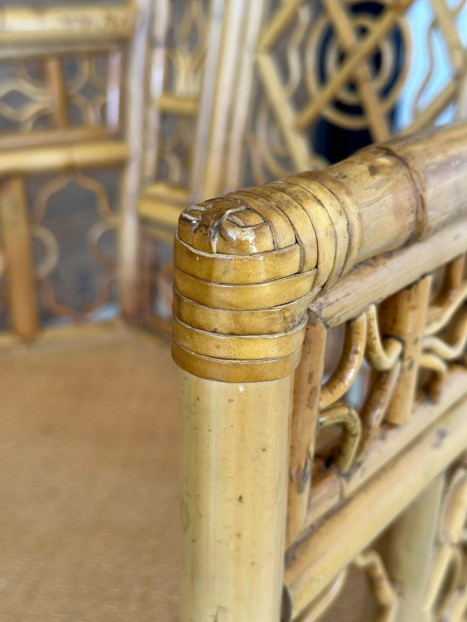Mid-20th Century Chinoiserie Coastal Rattan Fretwork Throne Arm Side Chairs-Pair 2