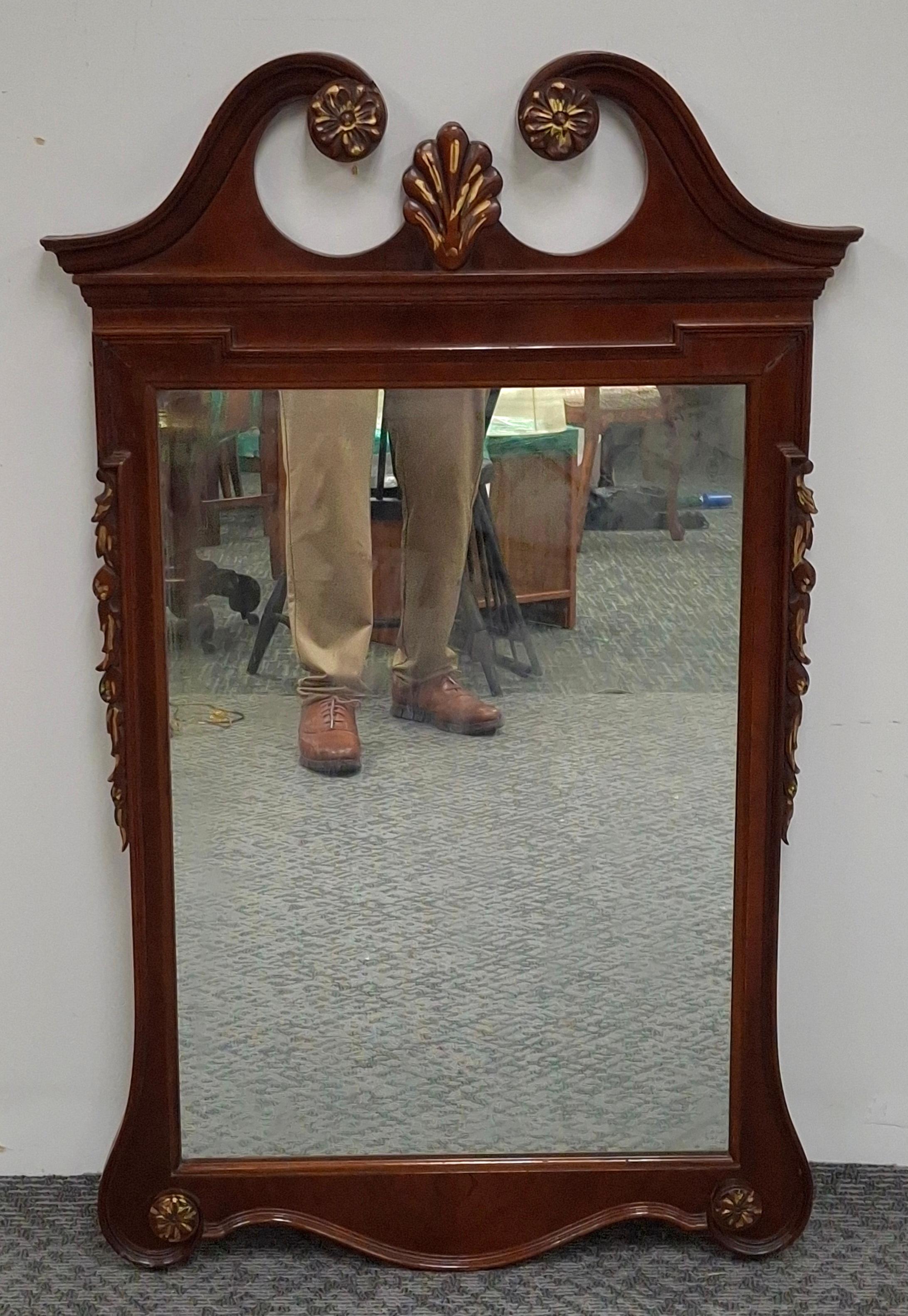 Mid-20th Century Chippendale Style Mahogany Parcel Gilt Scroll Ear Wall Mirro In Good Condition For Sale In Germantown, MD