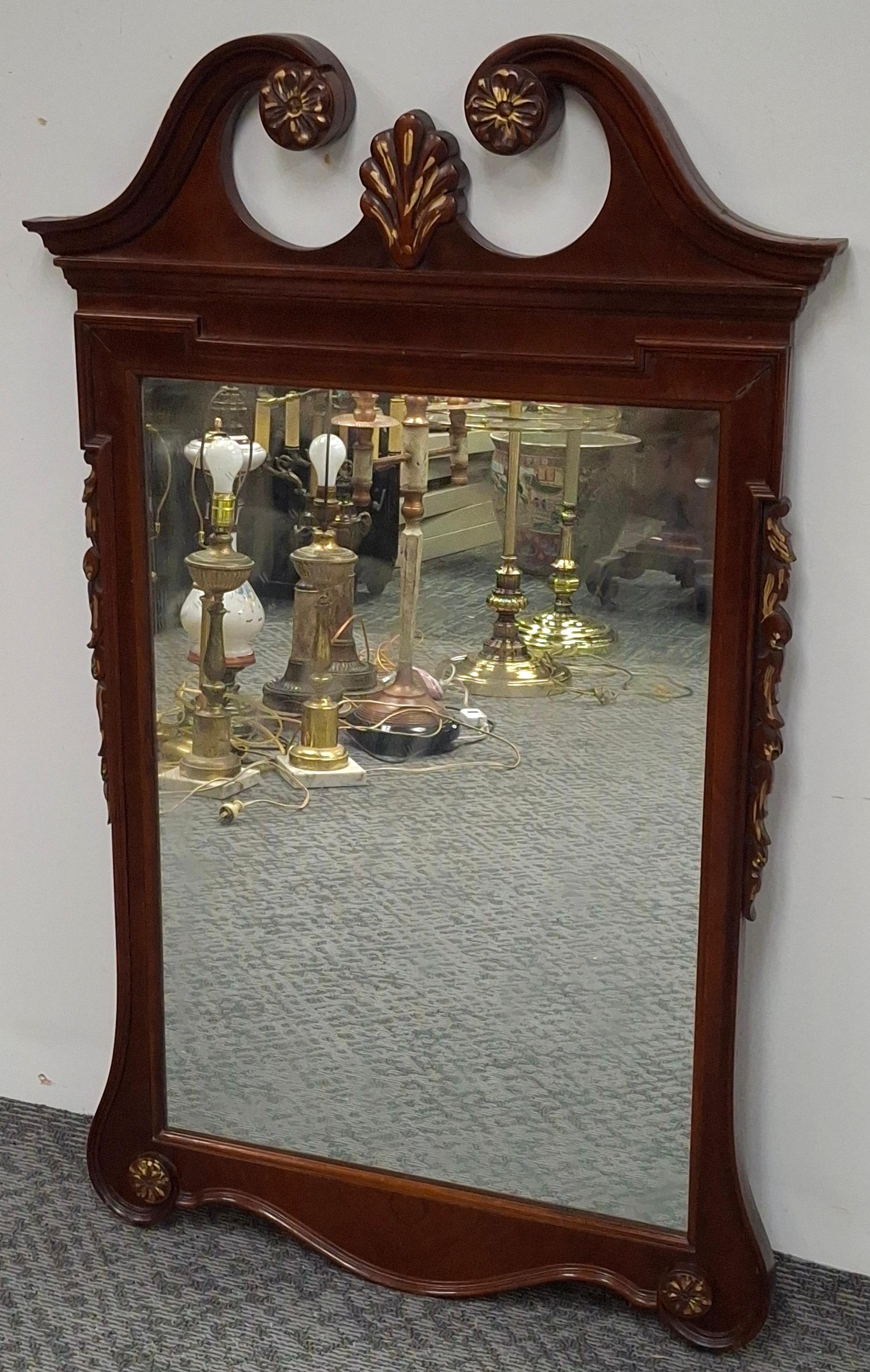 Mid-20th Century Chippendale Style Mahogany Parcel Gilt Scroll Ear Wall Mirro For Sale 1