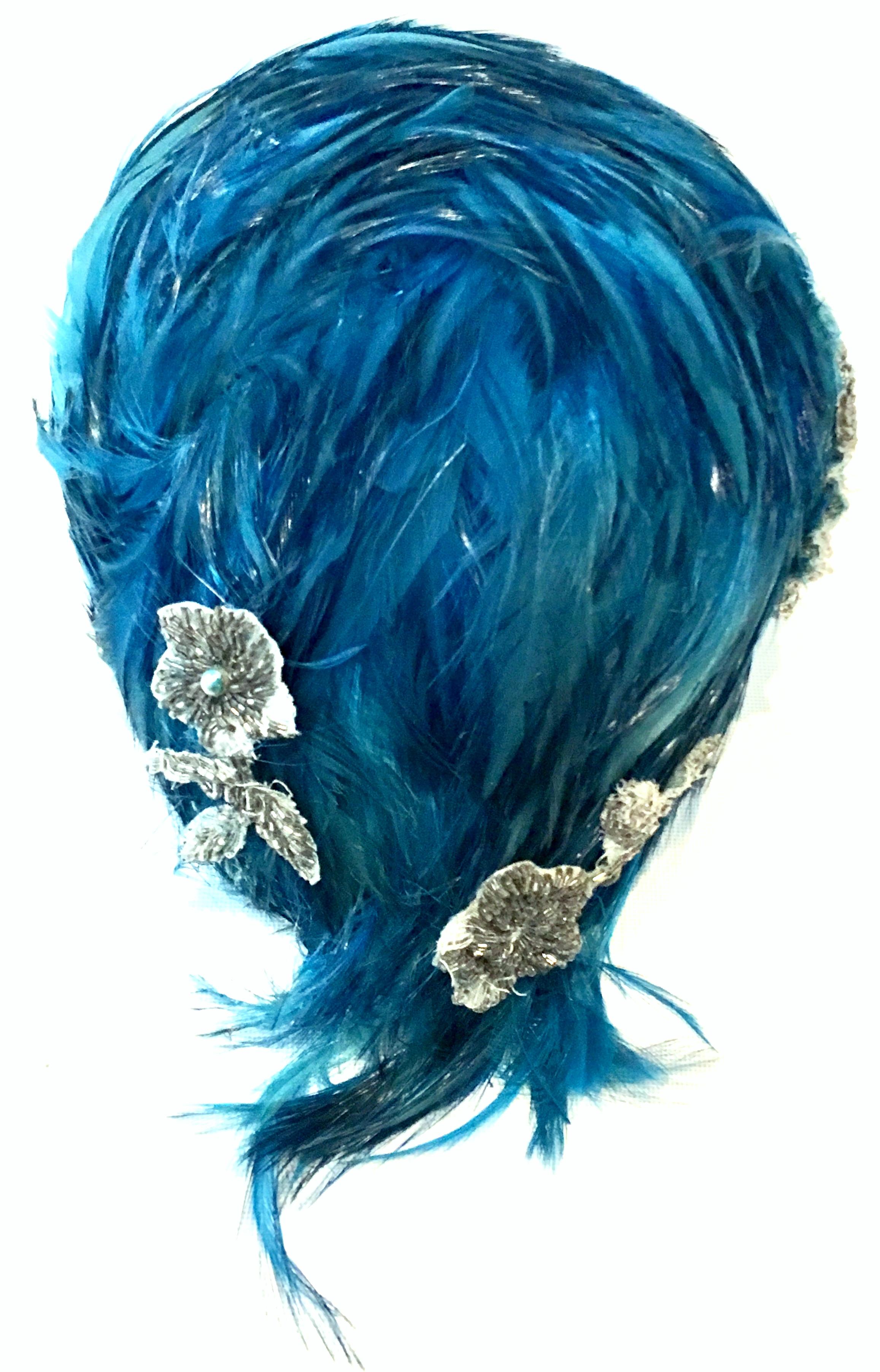 Blue Mid-20th Century Christian Dior French Ostrich Feather & Beaded Applique Hat For Sale