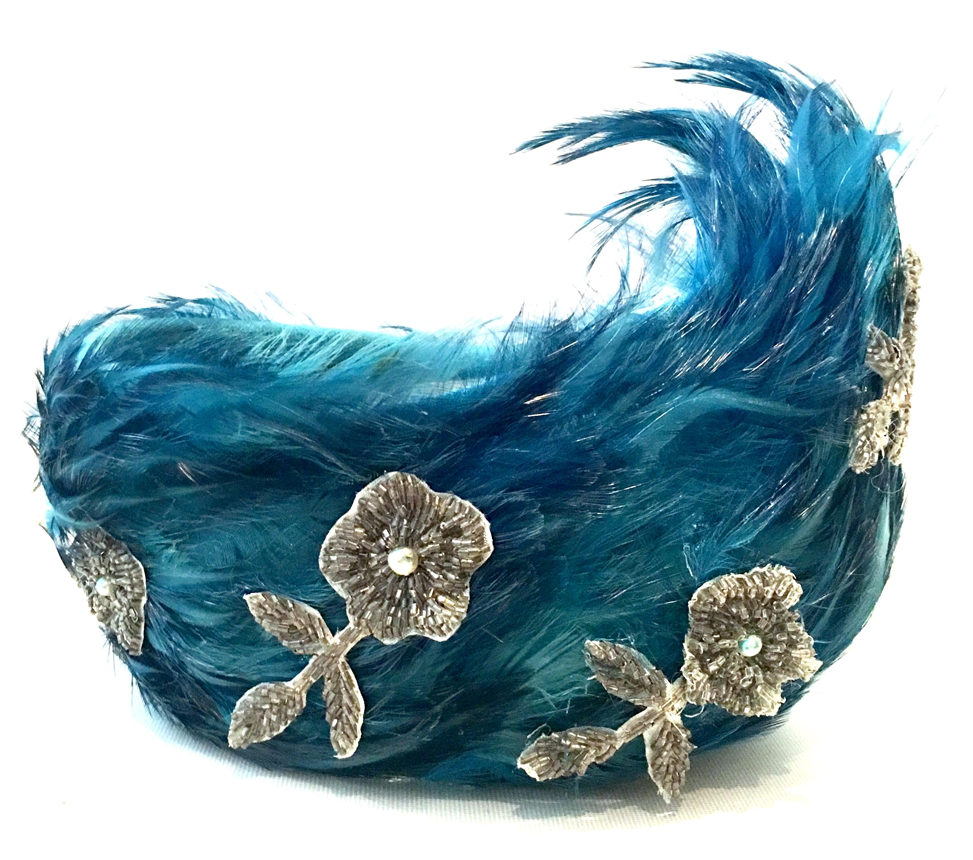 Mid-20th Century Christian Dior French Ostrich Feather & Beaded Applique Hat In Good Condition For Sale In West Palm Beach, FL