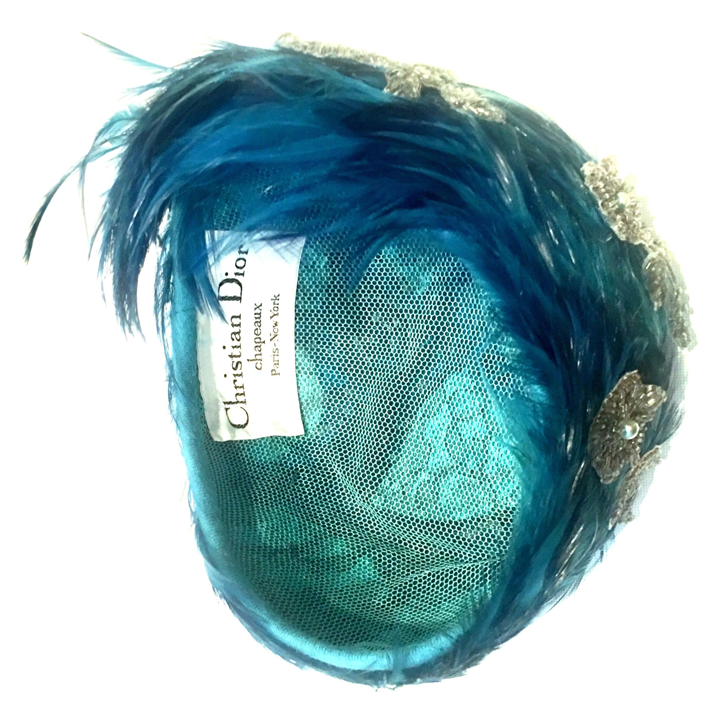 Mid-20th Century Christian Dior French Ostrich Feather & Beaded Applique Hat For Sale 1