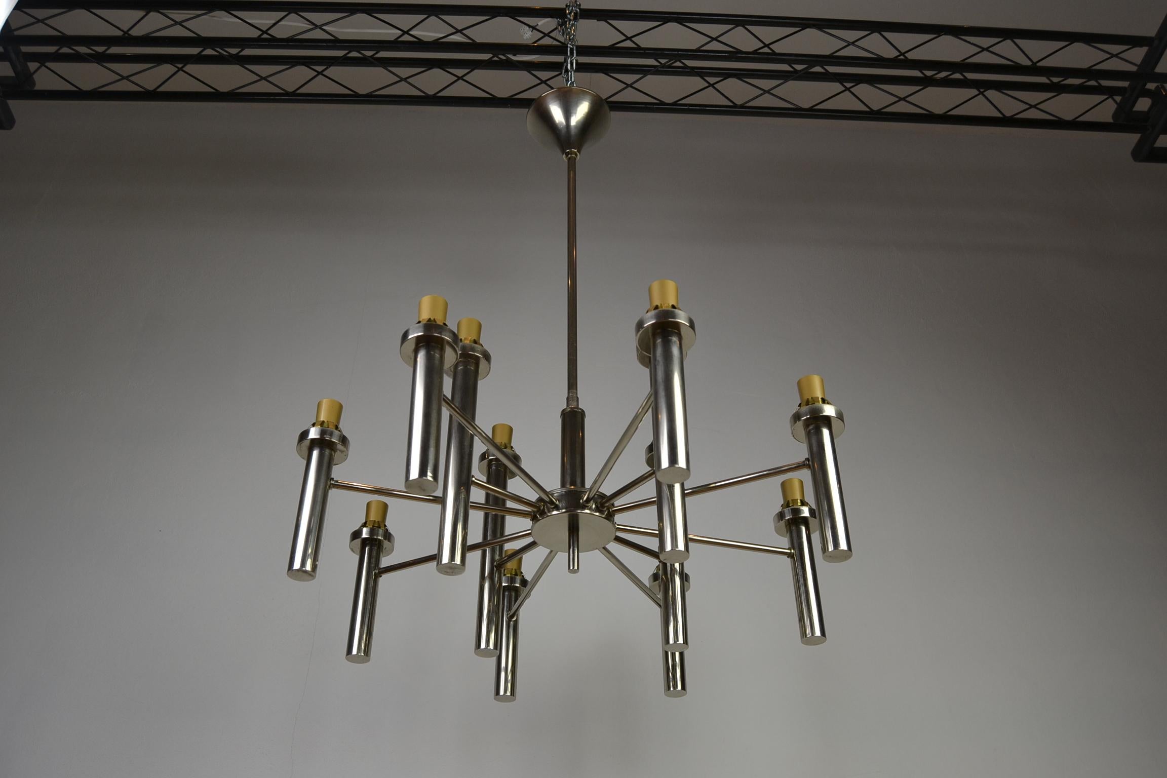 Mid-20th Century Chrome and Art Glass Chandelier, 12-Armed For Sale 5