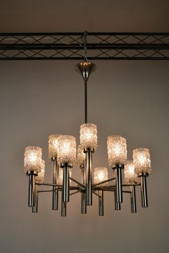 Mid-20th Century Chrome and Art Glass Chandelier, 12-Armed