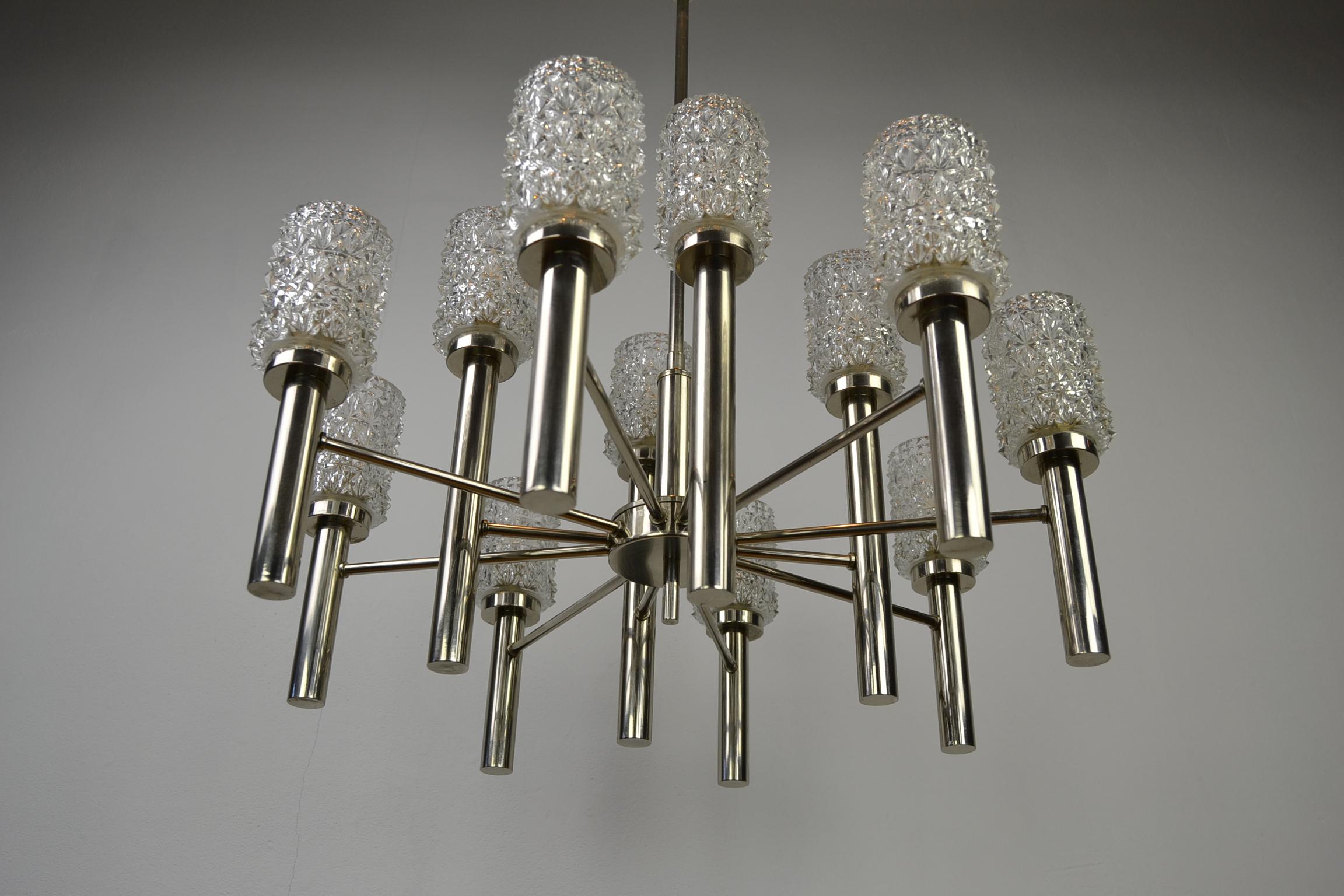 Mid-Century Modern Mid-20th Century Chrome and Art Glass Chandelier, 12-Armed For Sale