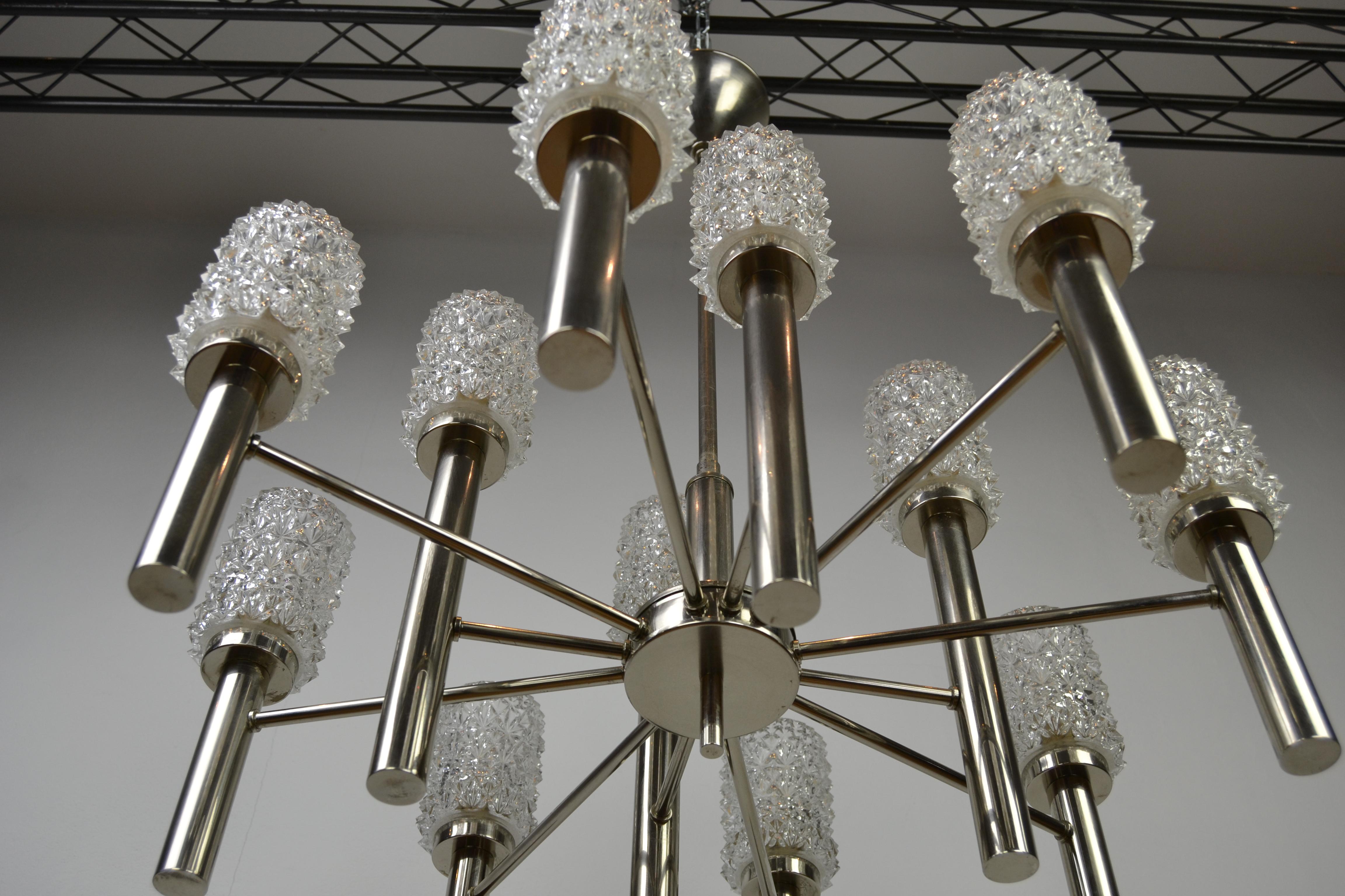 European Mid-20th Century Chrome and Art Glass Chandelier, 12-Armed For Sale