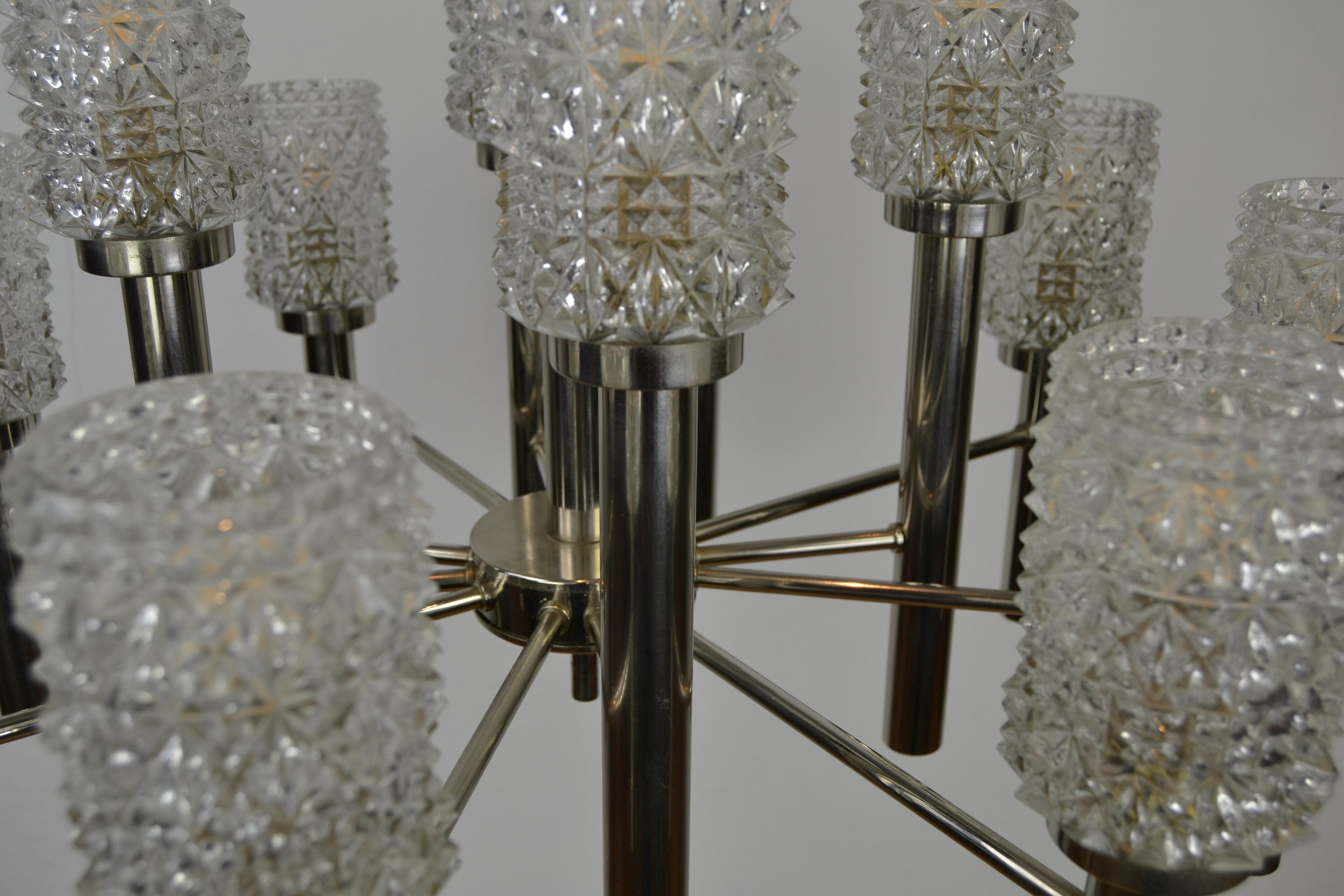 Mid-20th Century Chrome and Art Glass Chandelier, 12-Armed For Sale 1