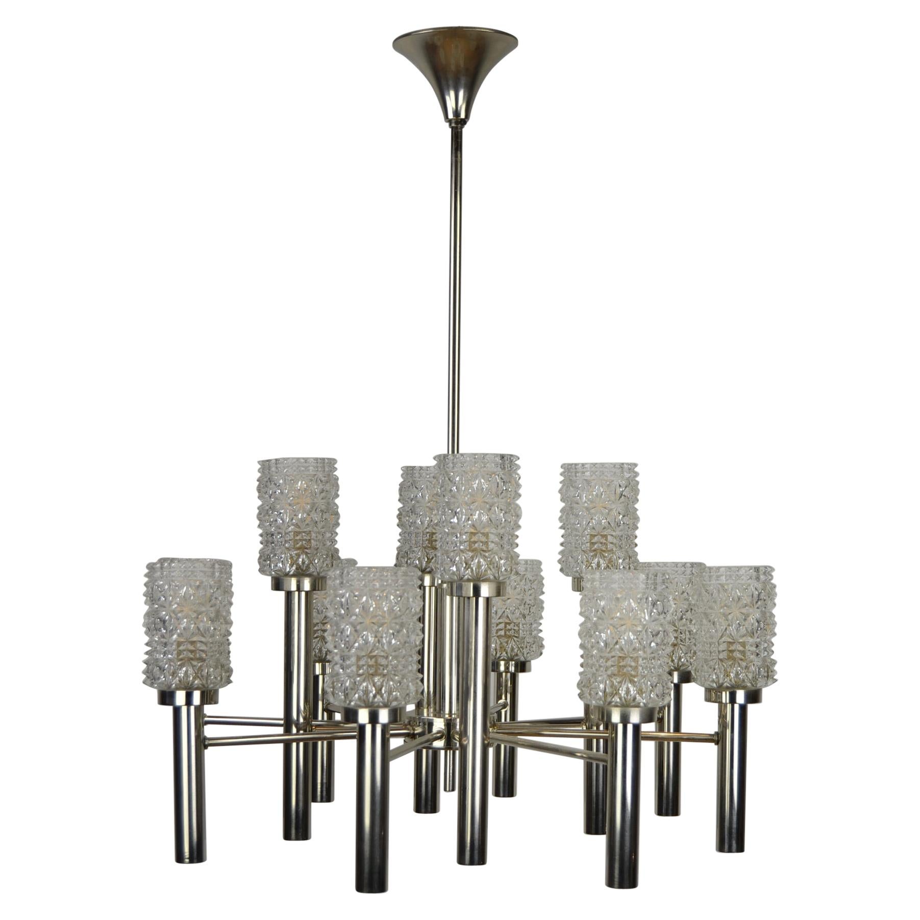Mid-20th Century Chrome and Art Glass Chandelier, 12-Armed