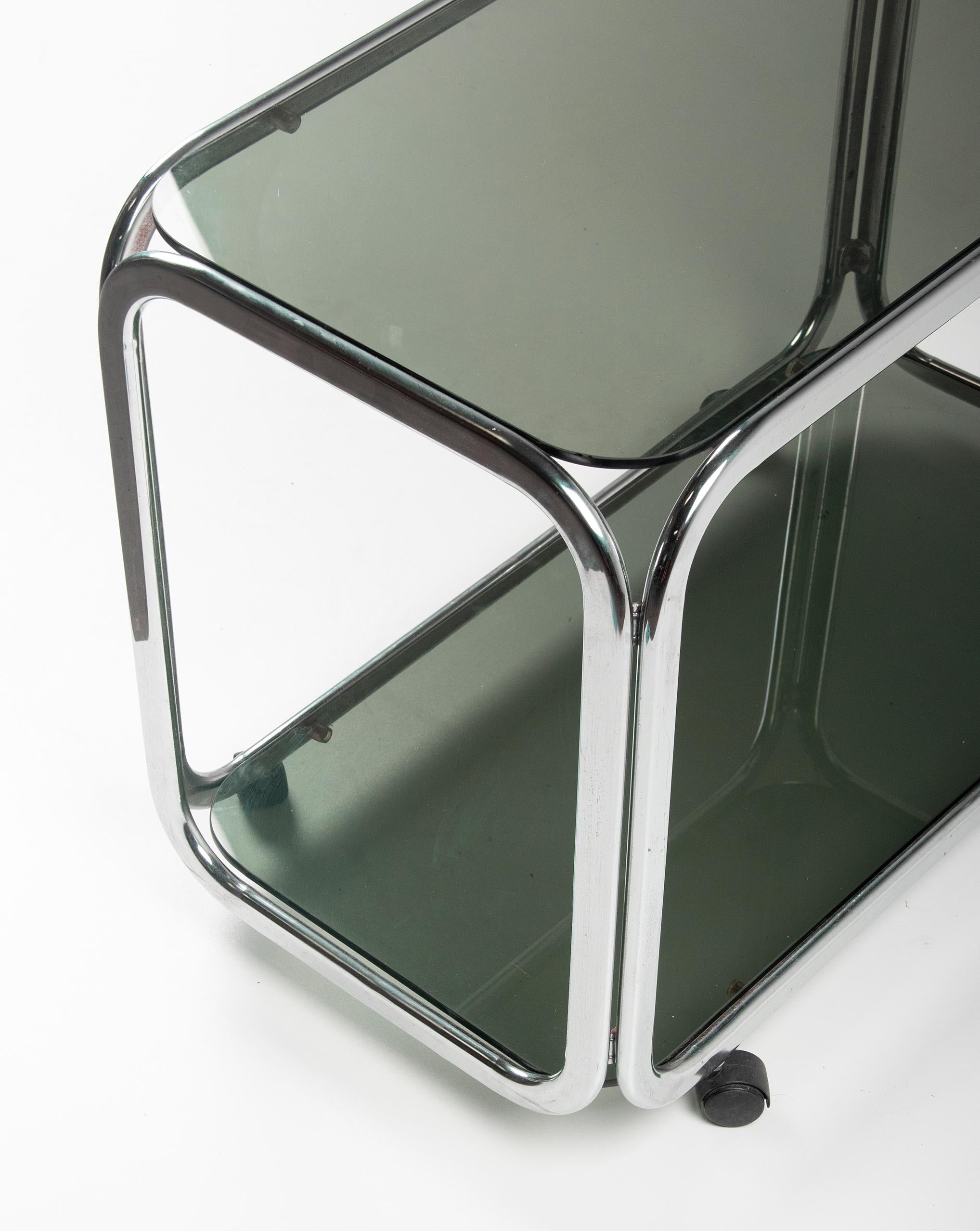 Belgian Mid-20th Century Chrome Bar Cart Smoked Glass For Sale