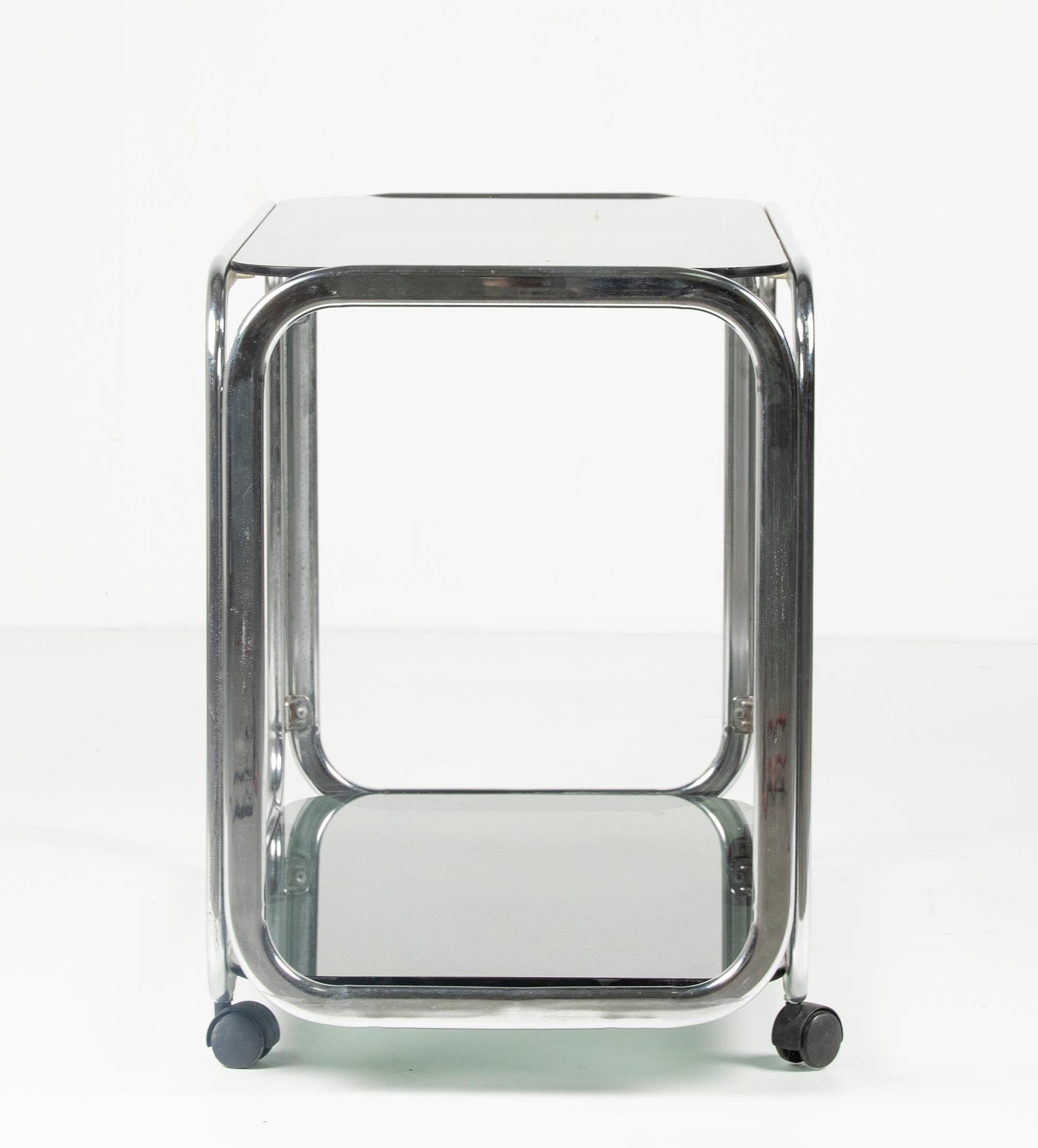 Machine-Made Mid-20th Century Chrome Bar Cart Smoked Glass For Sale