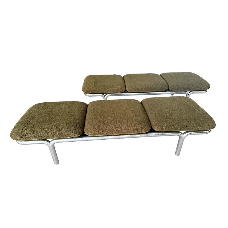 Modern Chrome bench Metropolitan Luxe after Brian Kane. Newly re upholstered in olive sherpa upholstery. 

to view all of  our listings at Tiffany Farha Design, scroll down and click on VIEW ALL FROM SELLER.  Also follow us to be notified when new