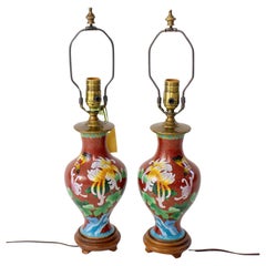 Vintage Mid 20th Century Chrysanthemum Cloisonne Table Lamps - a Pair