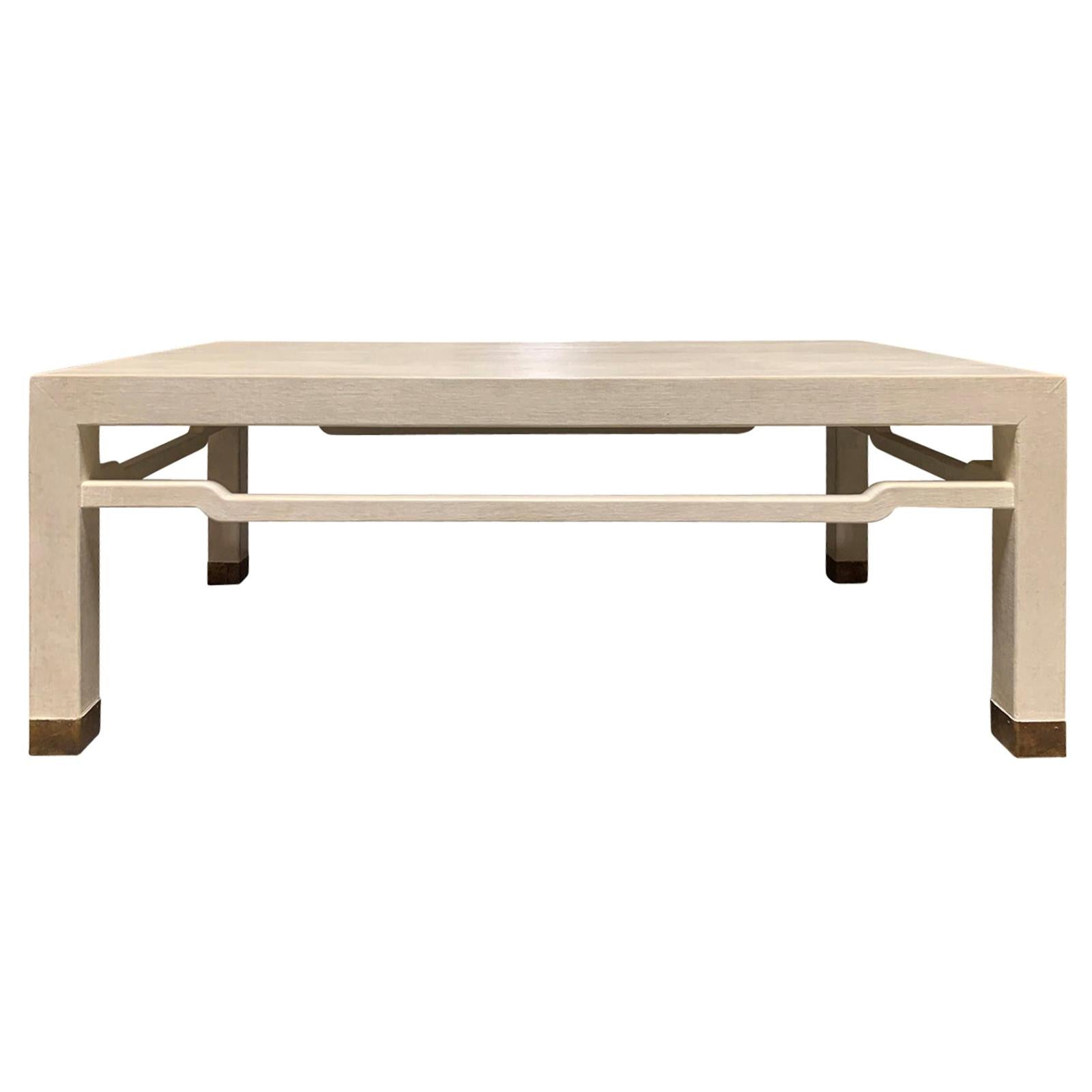 Mid-20th Century Classic Linen Covered Coffee Table, Brass Feet, Custom Finish