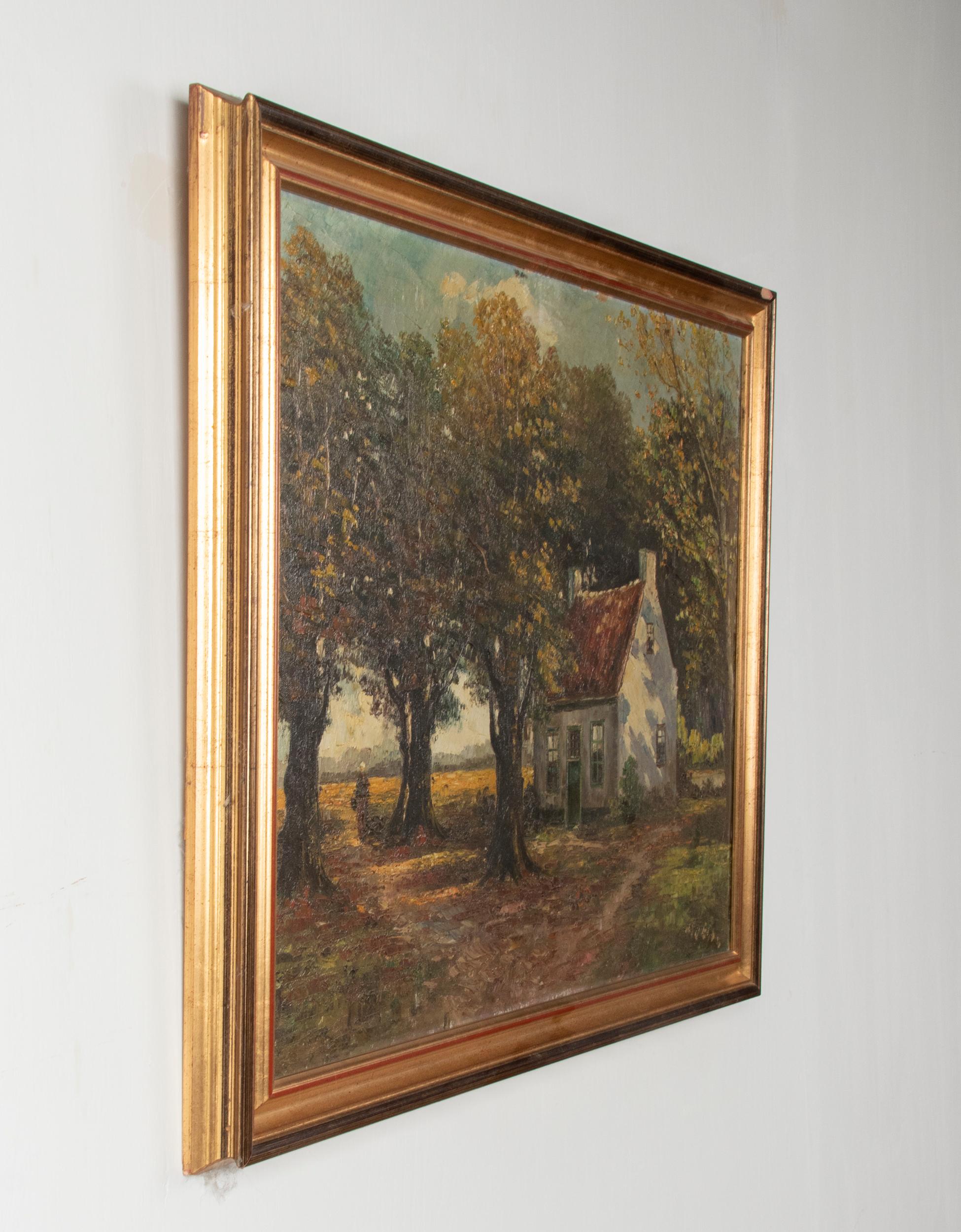 Mid 20th Century Classic Oil Painting House in the Woods on a Sunny Day For Sale 1