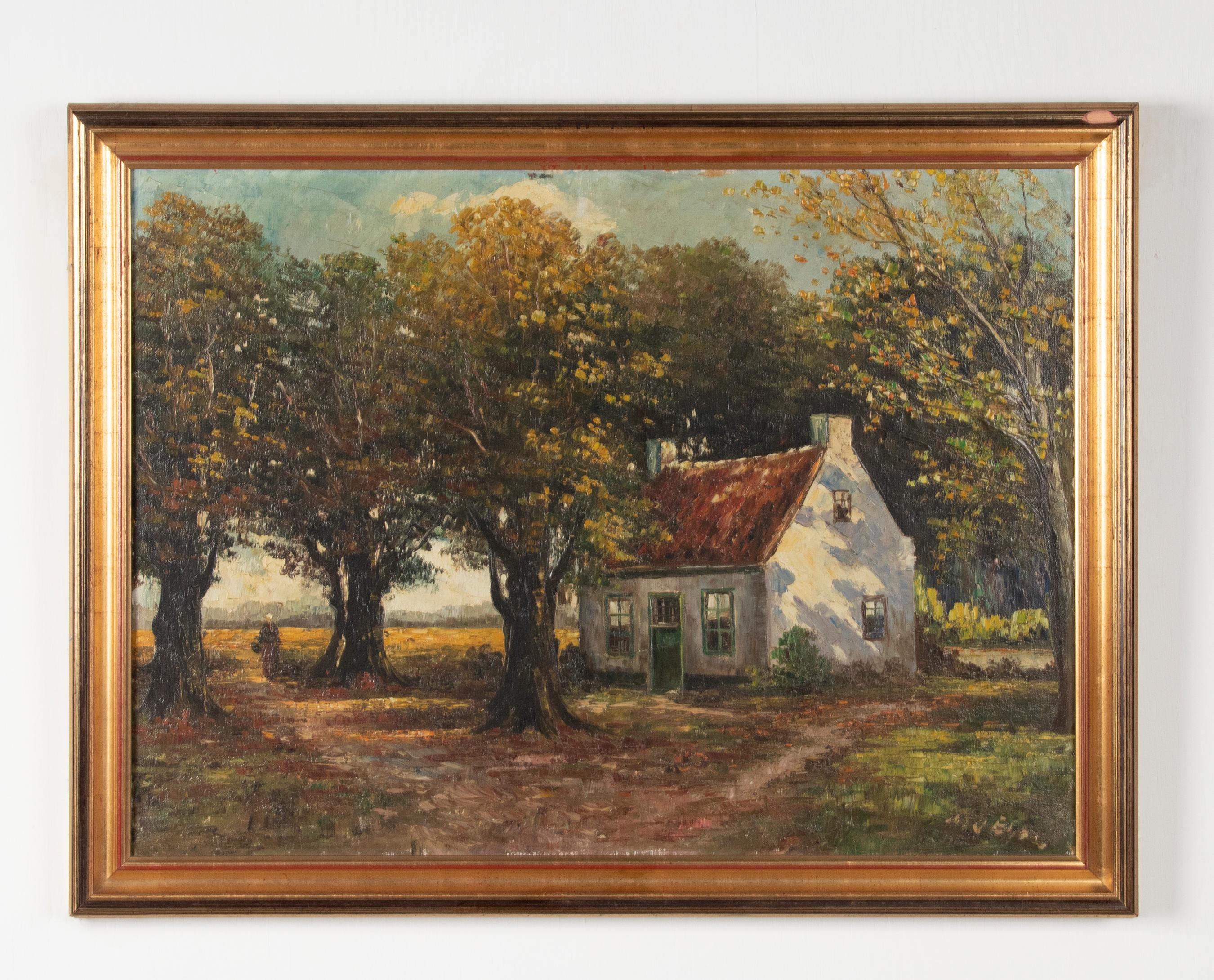 Beautiful and atmospheric painting of a house in a forest on an autumnal sunny day.
The sunlight is painted in a beautiful way, you can feel the sun's rays as it were.
It is an oil on canvas in a classic gilded wood frame.
Point of attention: