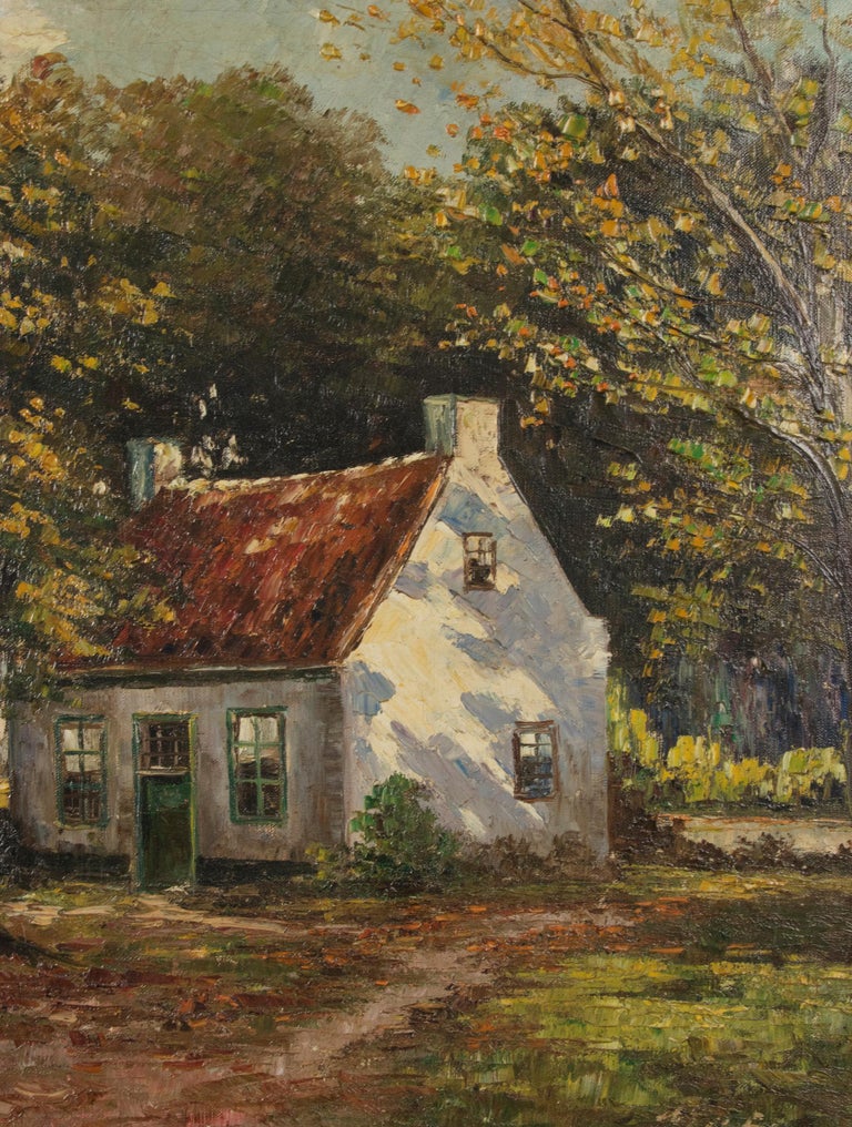 Mid 20th Century Classic Oil Painting House in the Woods on a Sunny Day