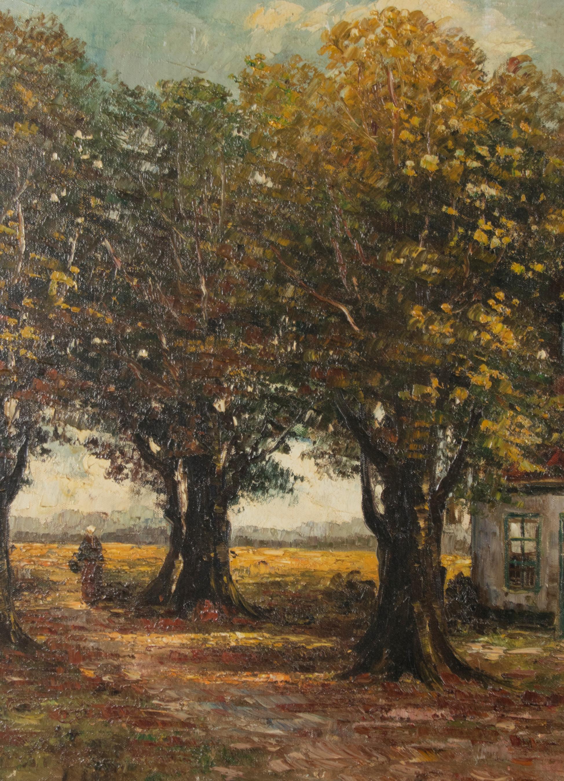 Romantic Mid 20th Century Classic Oil Painting House in the Woods on a Sunny Day For Sale