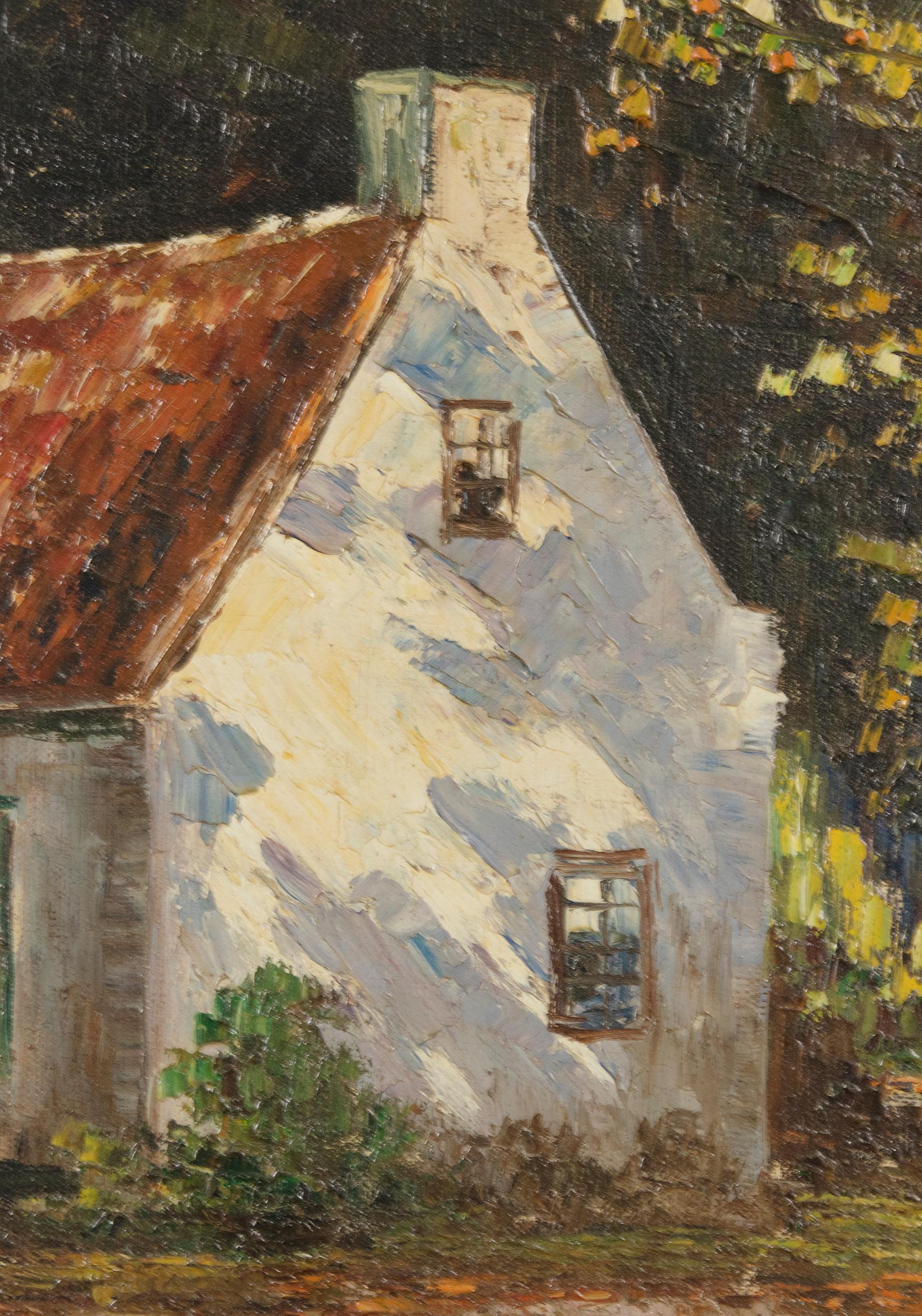Hand-Painted Mid 20th Century Classic Oil Painting House in the Woods on a Sunny Day For Sale