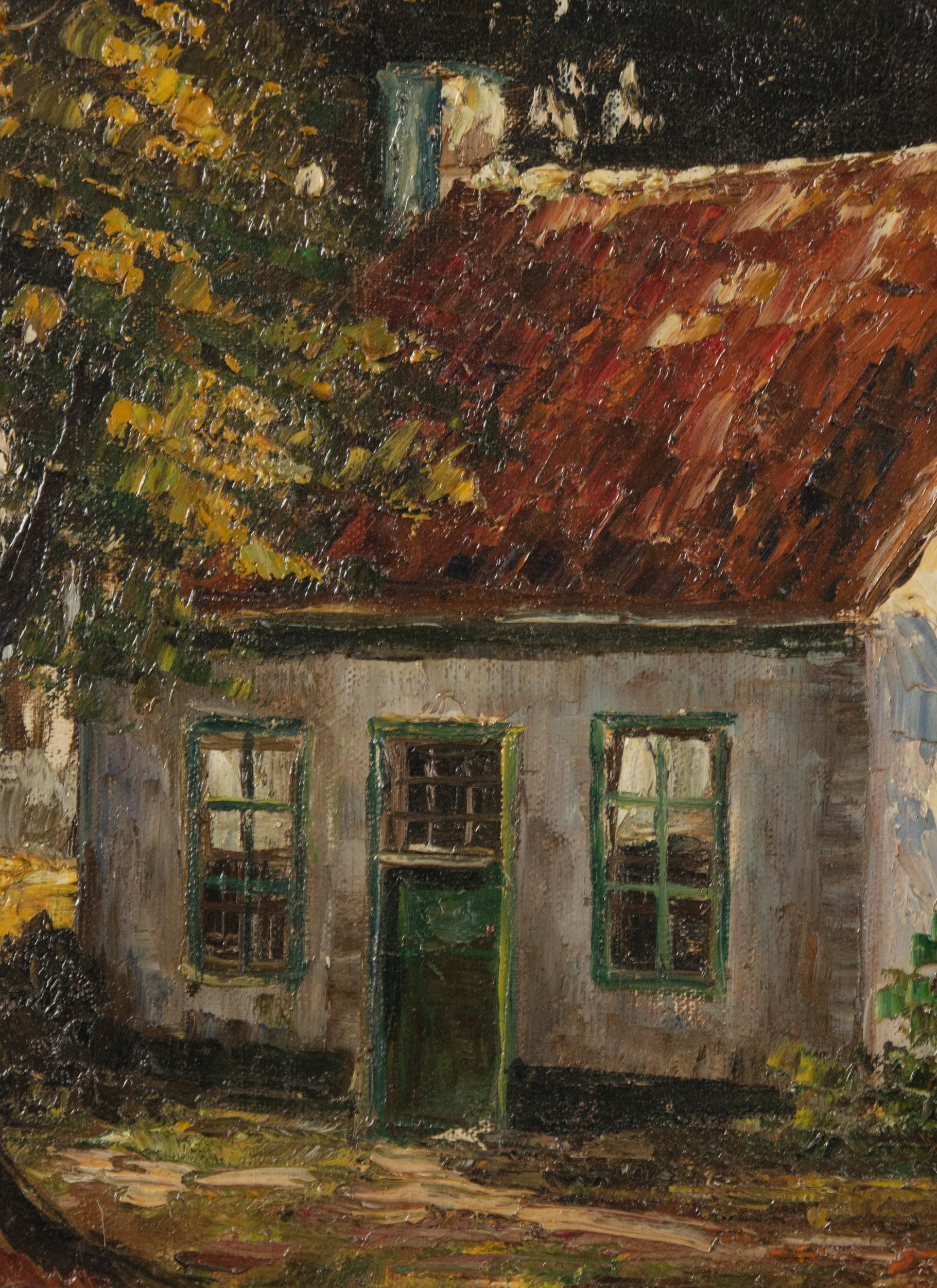 Mid 20th Century Classic Oil Painting House in the Woods on a Sunny Day In Good Condition For Sale In Casteren, Noord-Brabant
