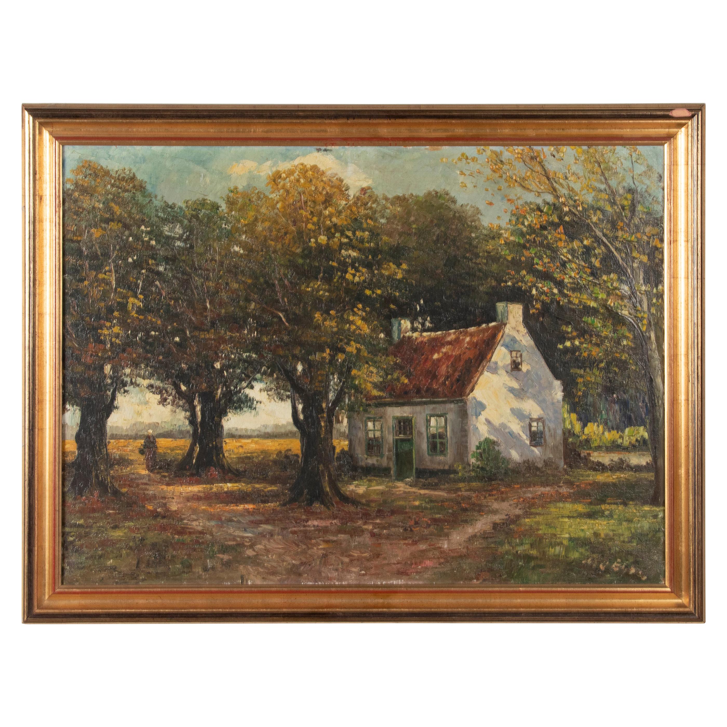 Mid 20th Century Classic Oil Painting House in the Woods on a Sunny Day