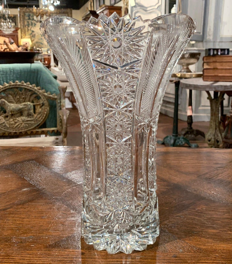 Mid20th Century Clear Cut Glass Crystal Vase with Floral Motifs at