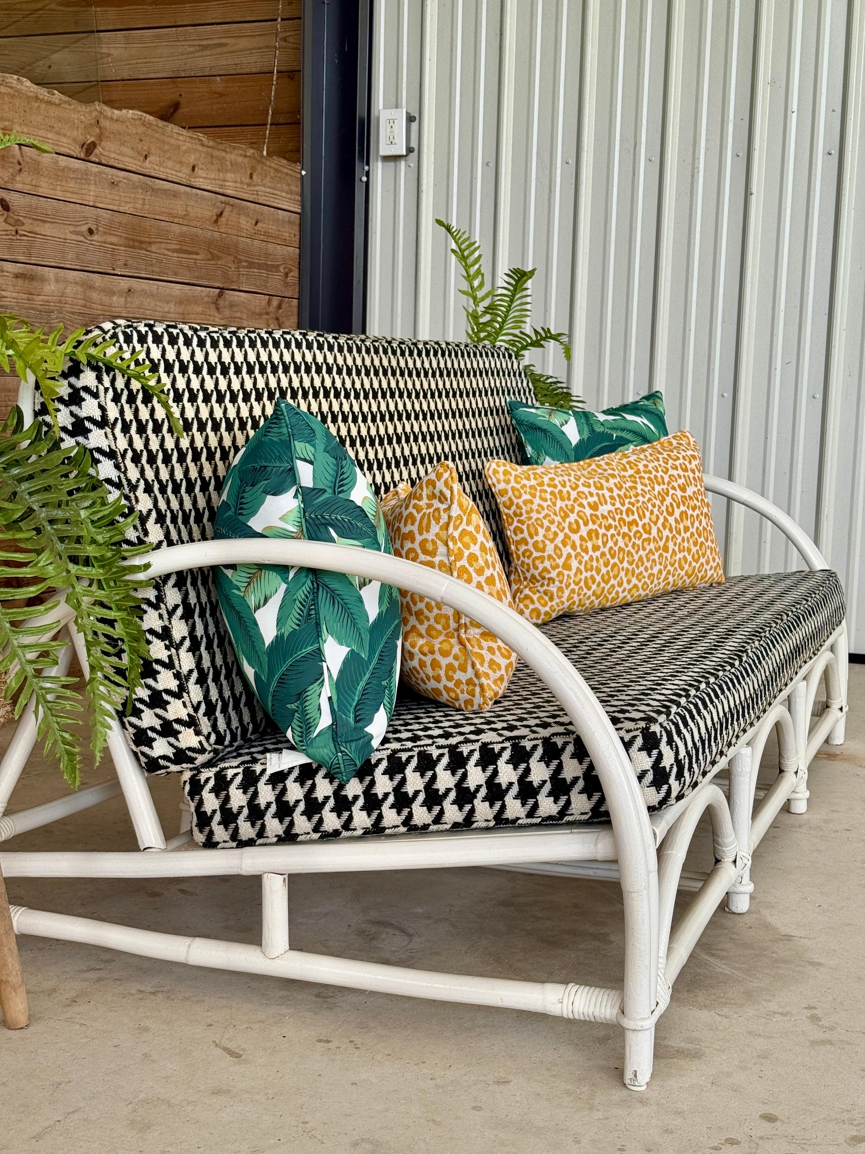 Mid-20th Century Coastal Bent Rattan Sofa by Ficks Reed With Houndstooth Upholst For Sale 13