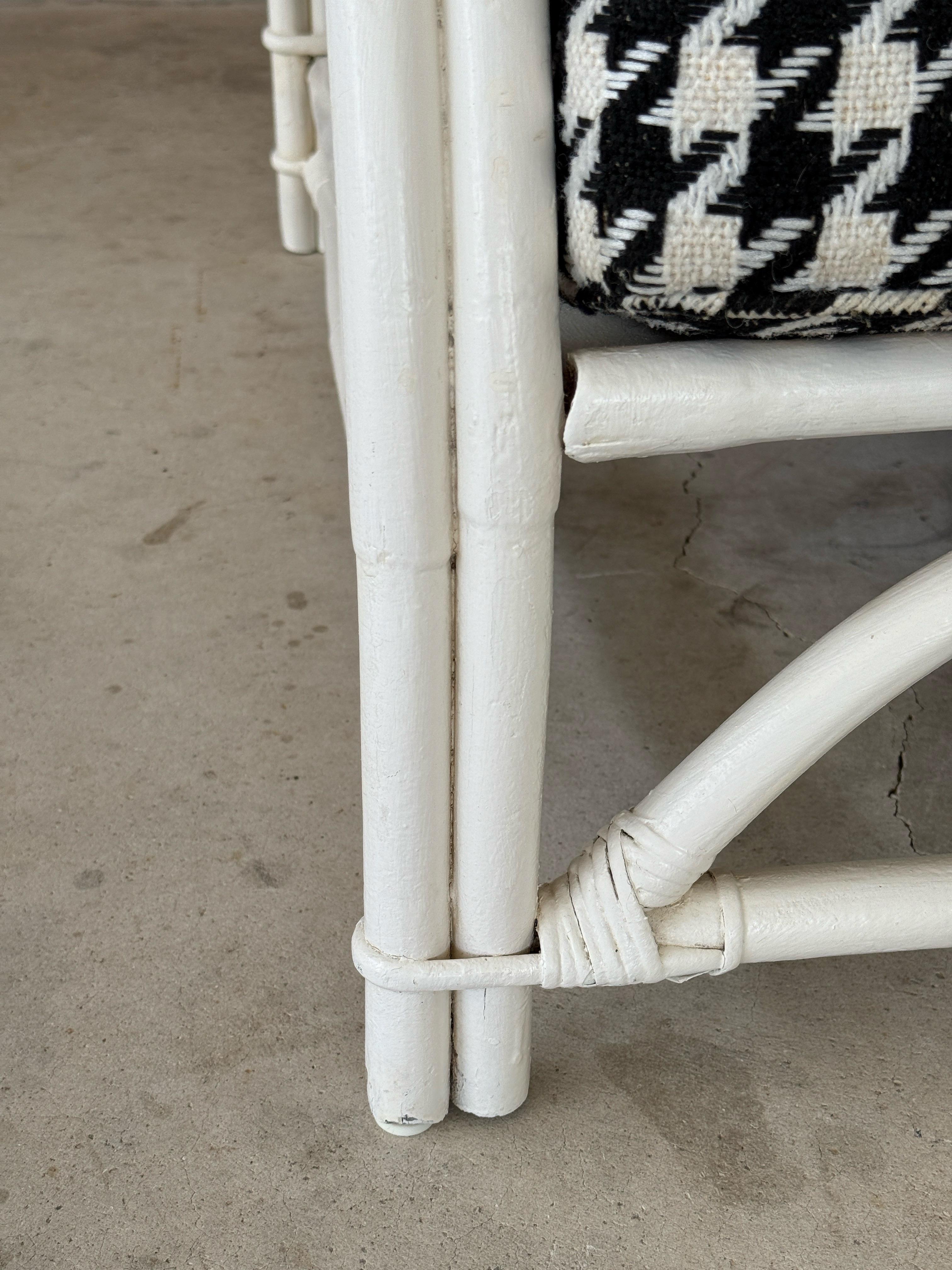 Mid-Century Modern Mid-20th Century Coastal Bent Rattan Sofa by Ficks Reed With Houndstooth Upholst For Sale