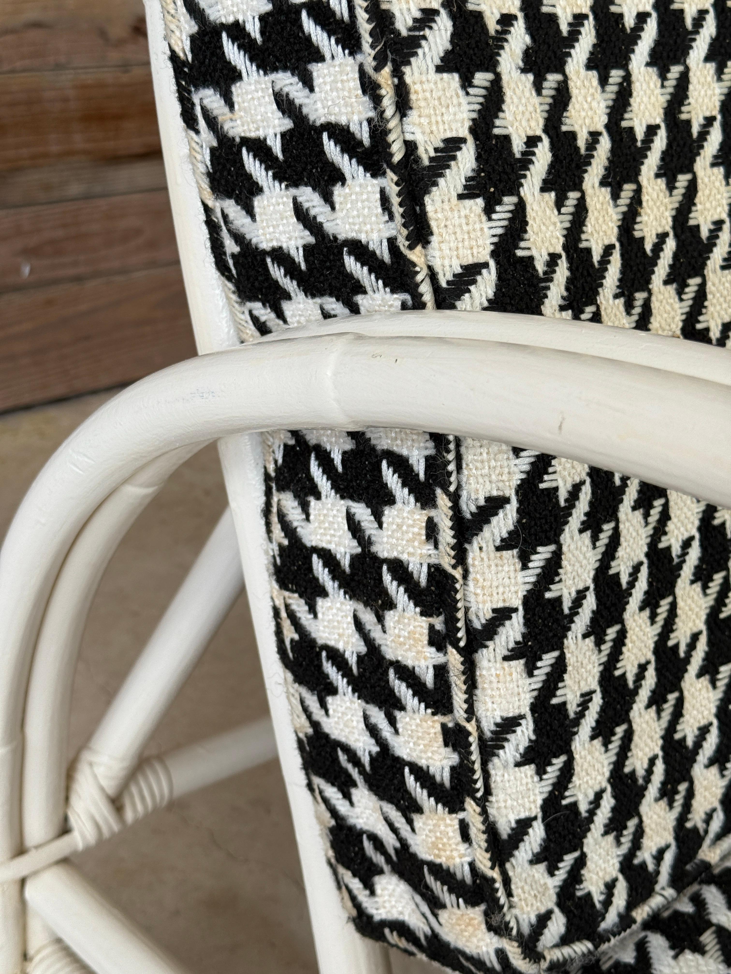 Upholstery Mid-20th Century Coastal Bent Rattan Sofa by Ficks Reed With Houndstooth Upholst For Sale