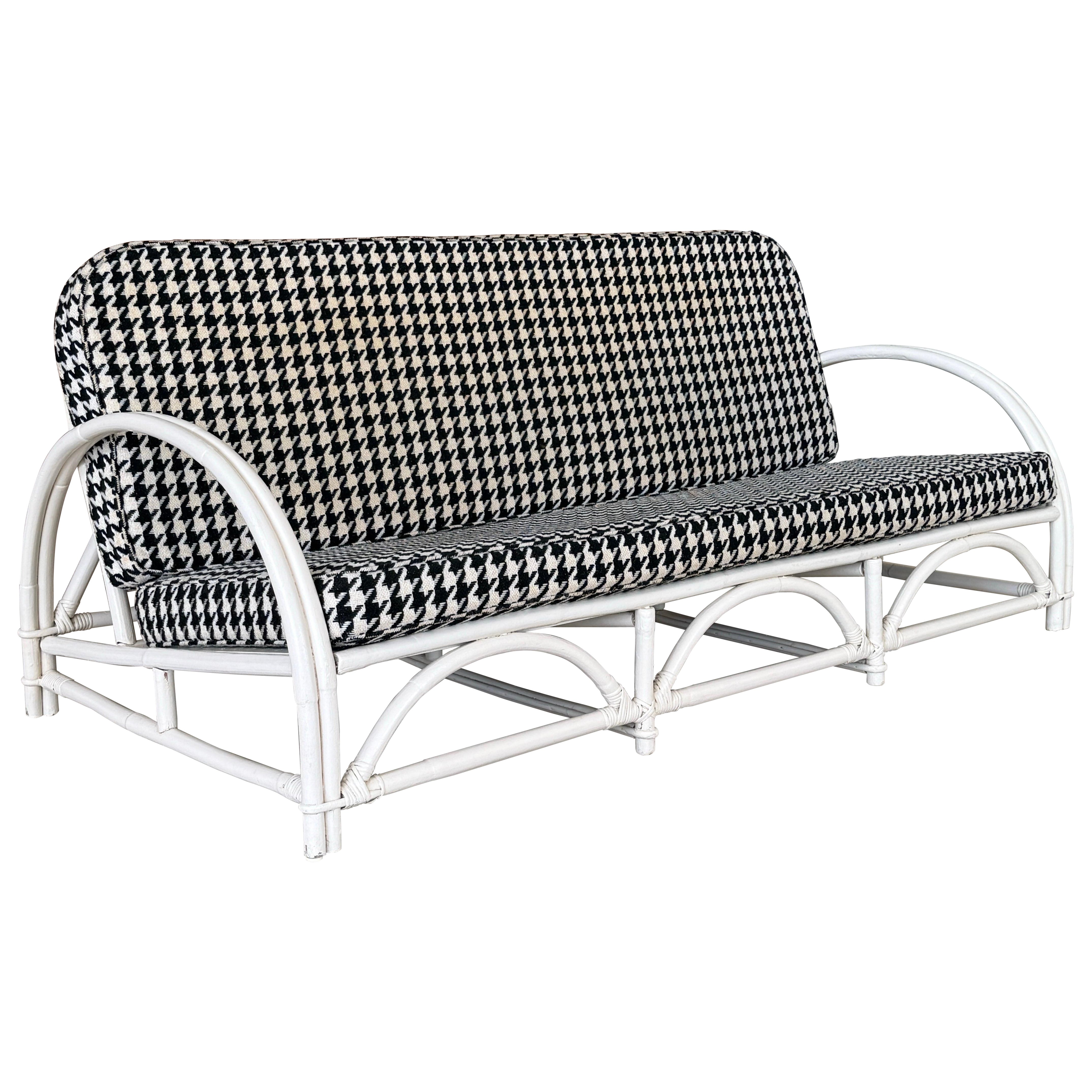 Mid-20th Century Coastal Bent Rattan Sofa by Ficks Reed With Houndstooth Upholst For Sale