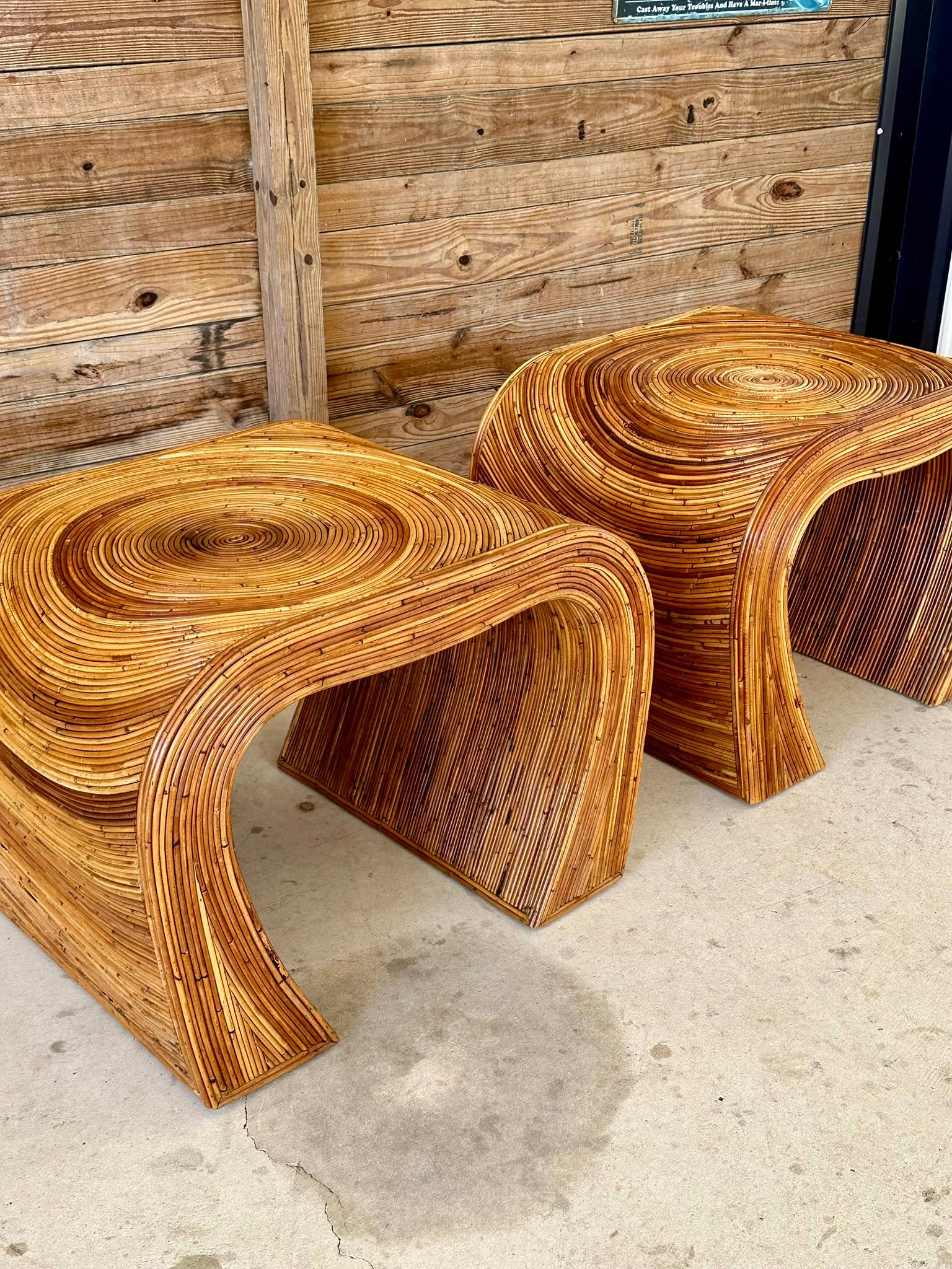 Mid 20th Century Coastal Boho Pencil Reed Rattan Refinished Side Tables Pair 7