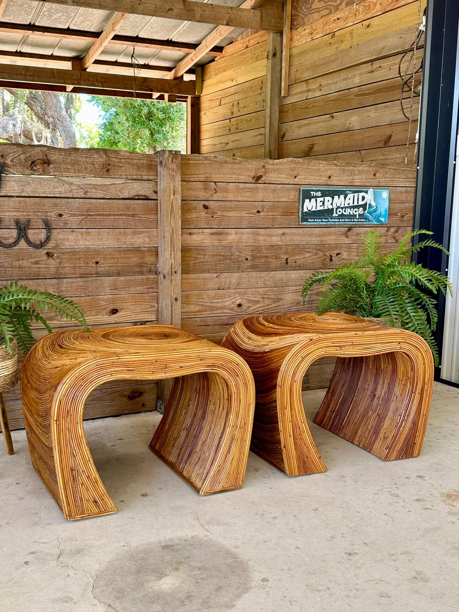 Mid-Century Modern Mid 20th Century Coastal Boho Pencil Reed Rattan Refinished Side Tables Pair