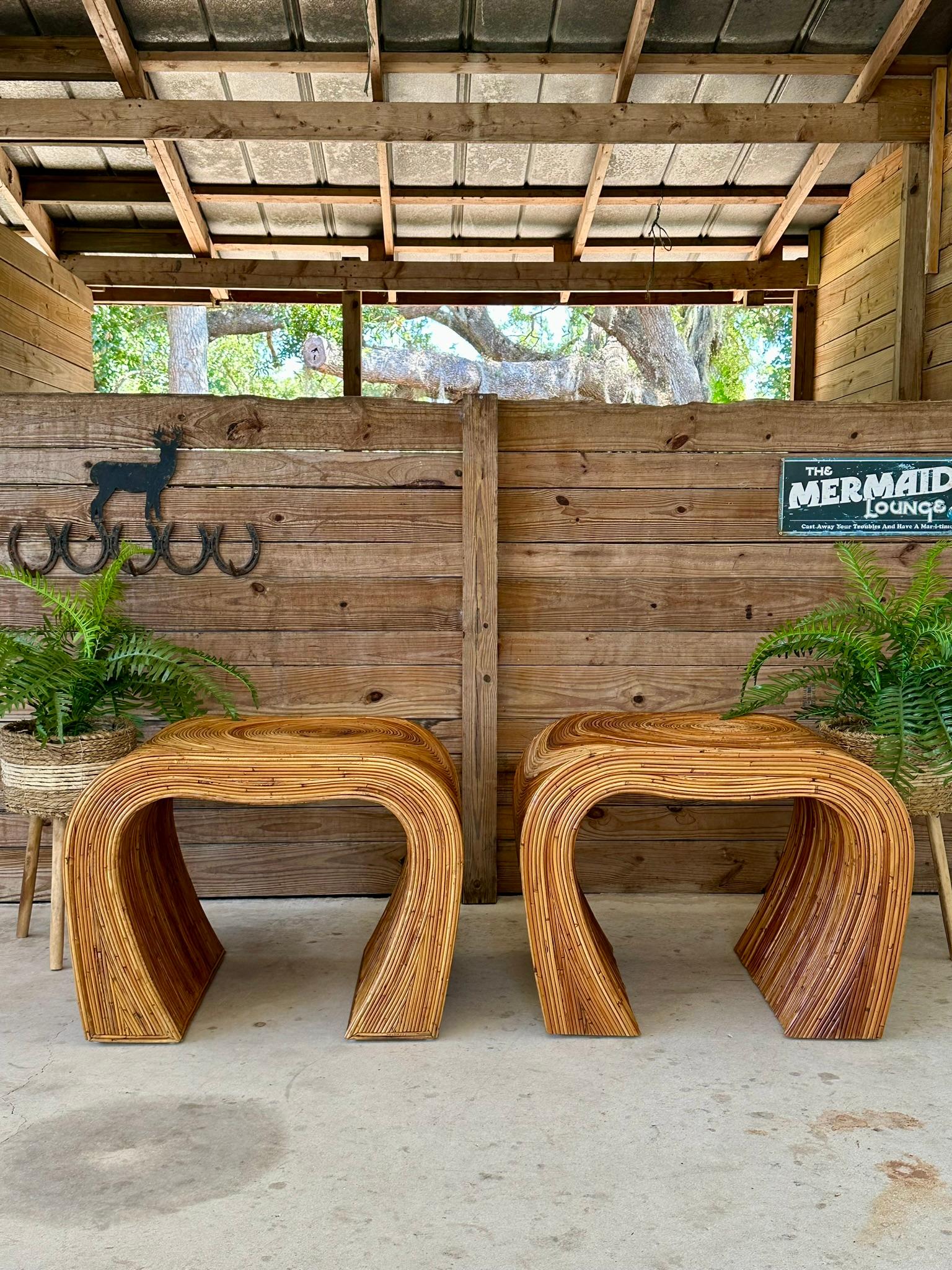 Italian Mid 20th Century Coastal Boho Pencil Reed Rattan Refinished Side Tables Pair