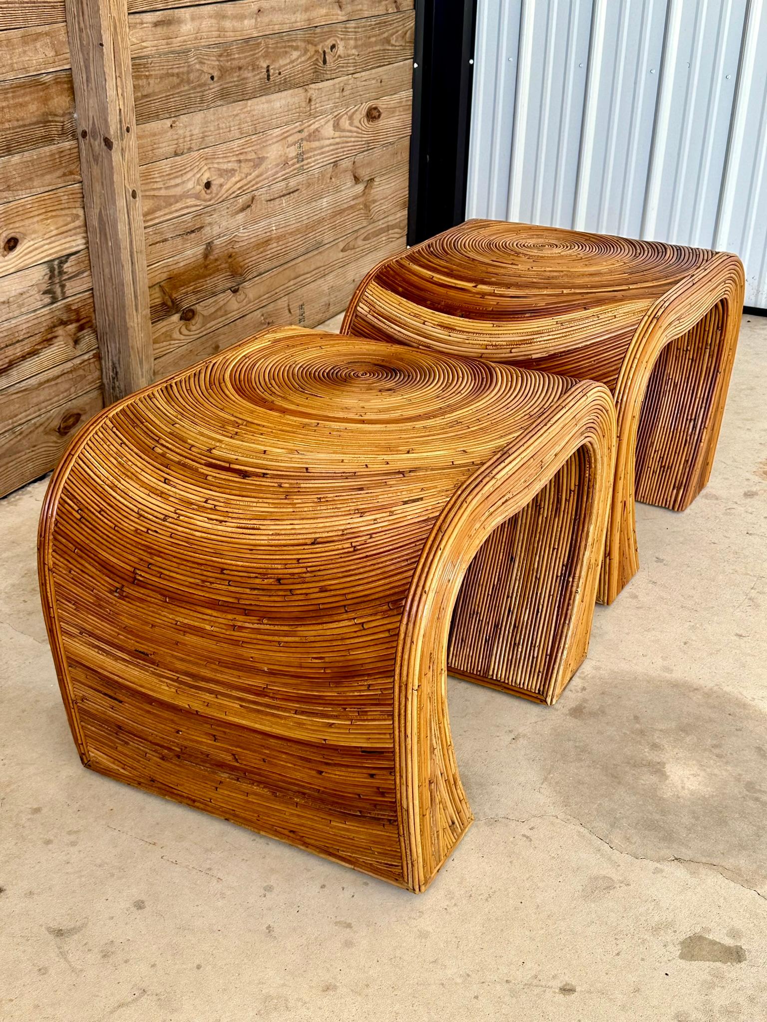 Hand-Crafted Mid 20th Century Coastal Boho Pencil Reed Rattan Refinished Side Tables Pair