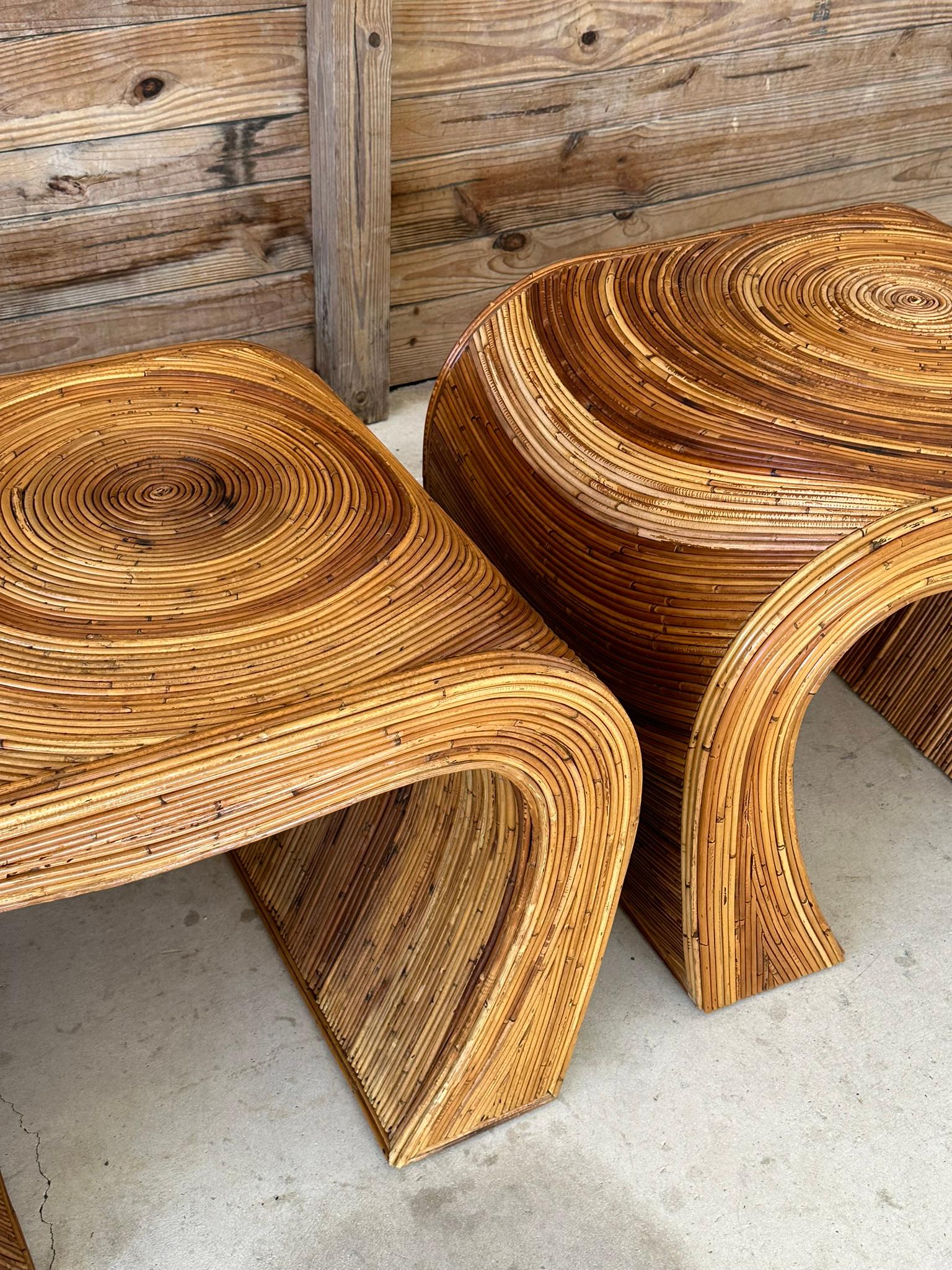 Mid 20th Century Coastal Boho Pencil Reed Rattan Refinished Side Tables Pair In Good Condition In North Fort Myers, FL