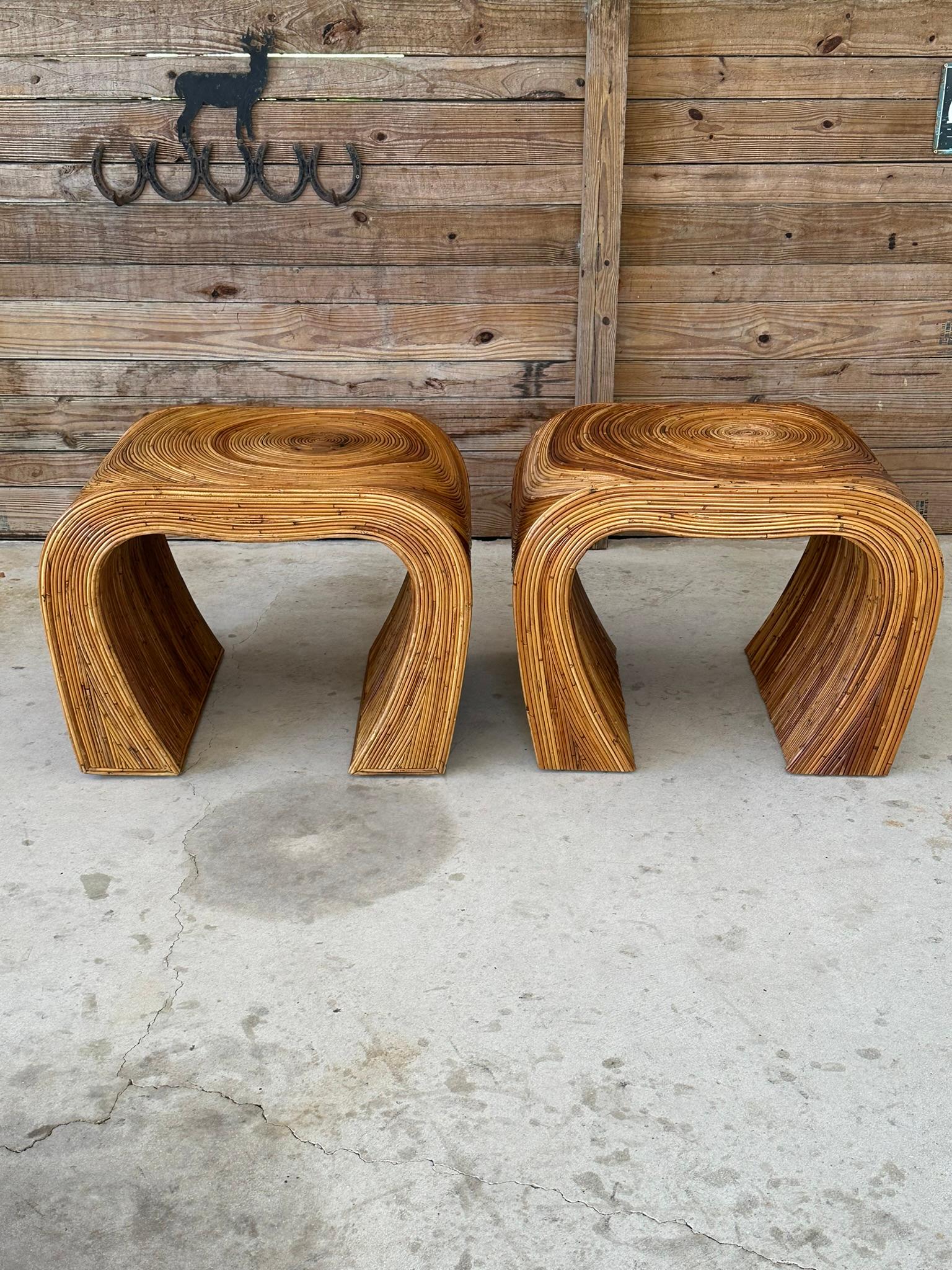 Mid 20th Century Coastal Boho Pencil Reed Rattan Refinished Side Tables Pair 1